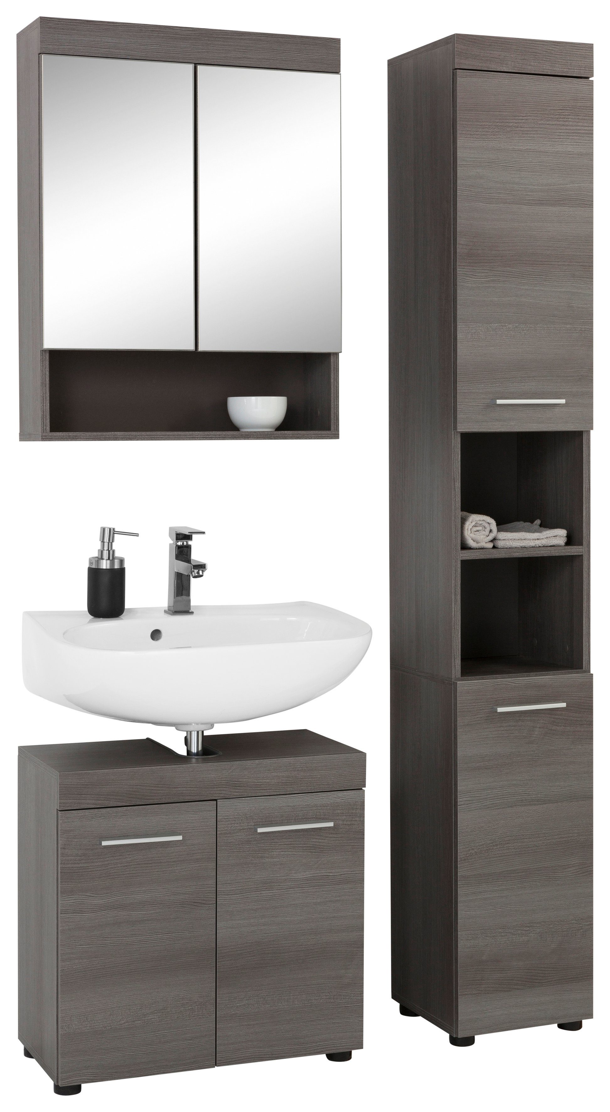 welltime Badmöbel-Set Royan, (Set, 3-St), Rauchsilber Badezimmermöbel Waschtisch, Spiegelschrank und Hochschrank