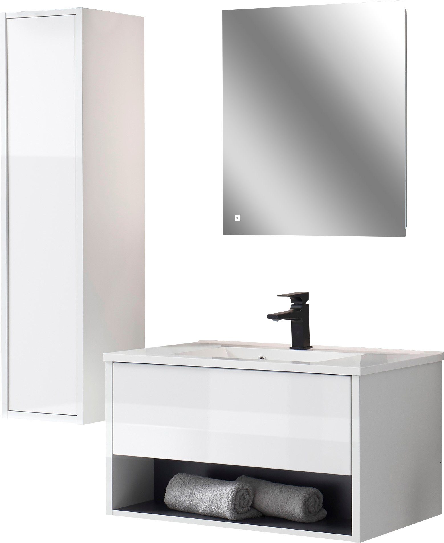 Home affaire Badmöbel-Set Studio Line, Bad im modernen Design, 3-teiliges Badezimmer, (3-St), Schrank, Waschtisch und Spiegel, in zwei Farben verfügbar, Stauraum