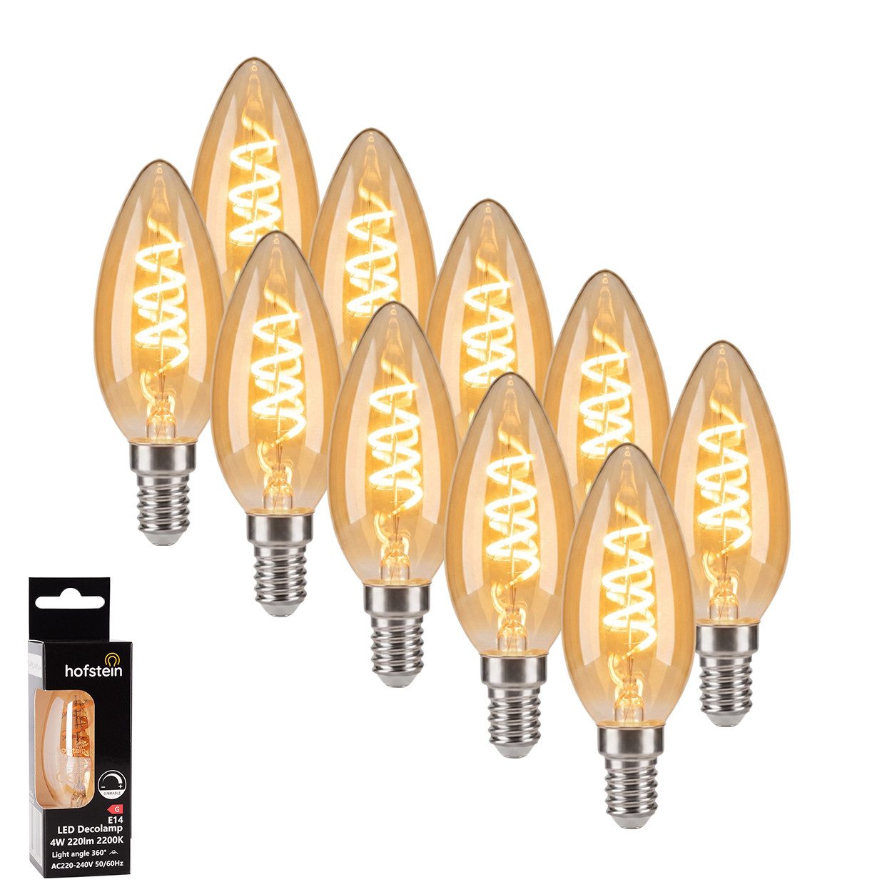 hofstein LED-Leuchtmittel 10er Set Glühbirne Extra Warmweiß dimmbar 4 Watt, E14, 2200 Kelvin, 220 Lumen, Kerze, Filament Spirale, Amber