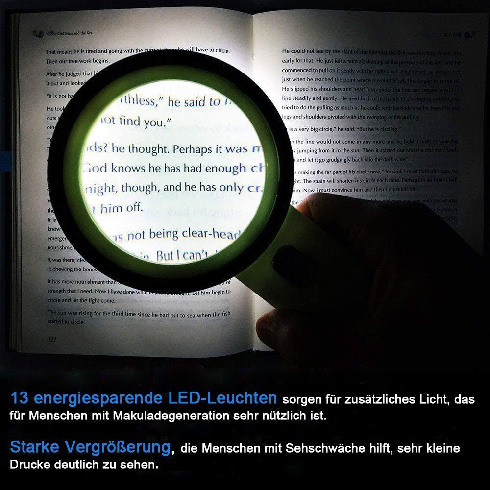 TUWENA Handlupe Lupe mit 13 LED-Leuchten, 30-fache Handlupe zum Lesen und Beobachten