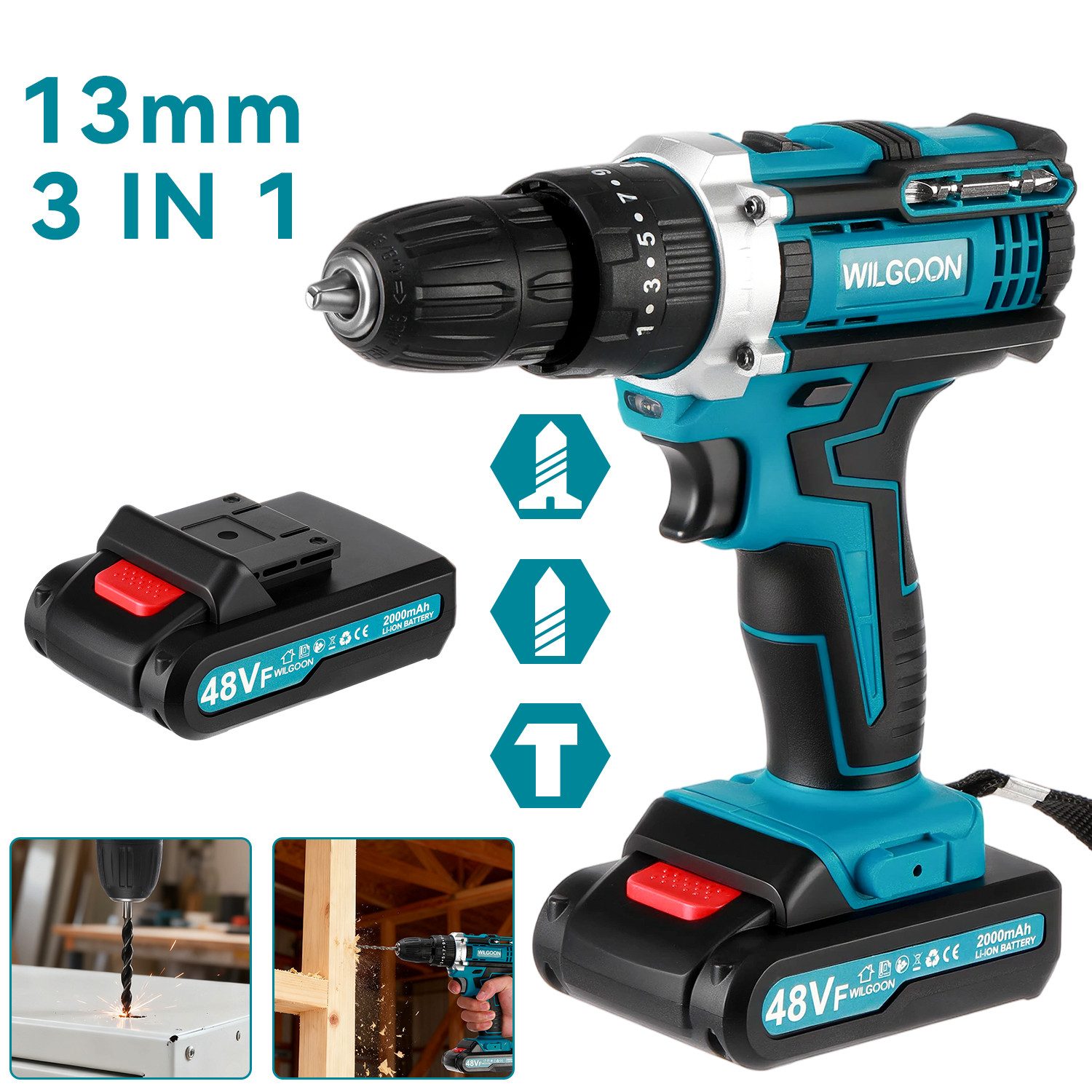 WILGOON Akku-Bohrschrauber Akkuschrauber Set, mit 2x 1500mAh Akkus, 32 N.m Max akkubohrer, Blau, Akku Bohrmaschine V, max. 1620 U/min, (Set, Drehmoment in 25+3 Stufen, 10mm Bohrfutter, LED-Licht), Für Reparatur und DIY