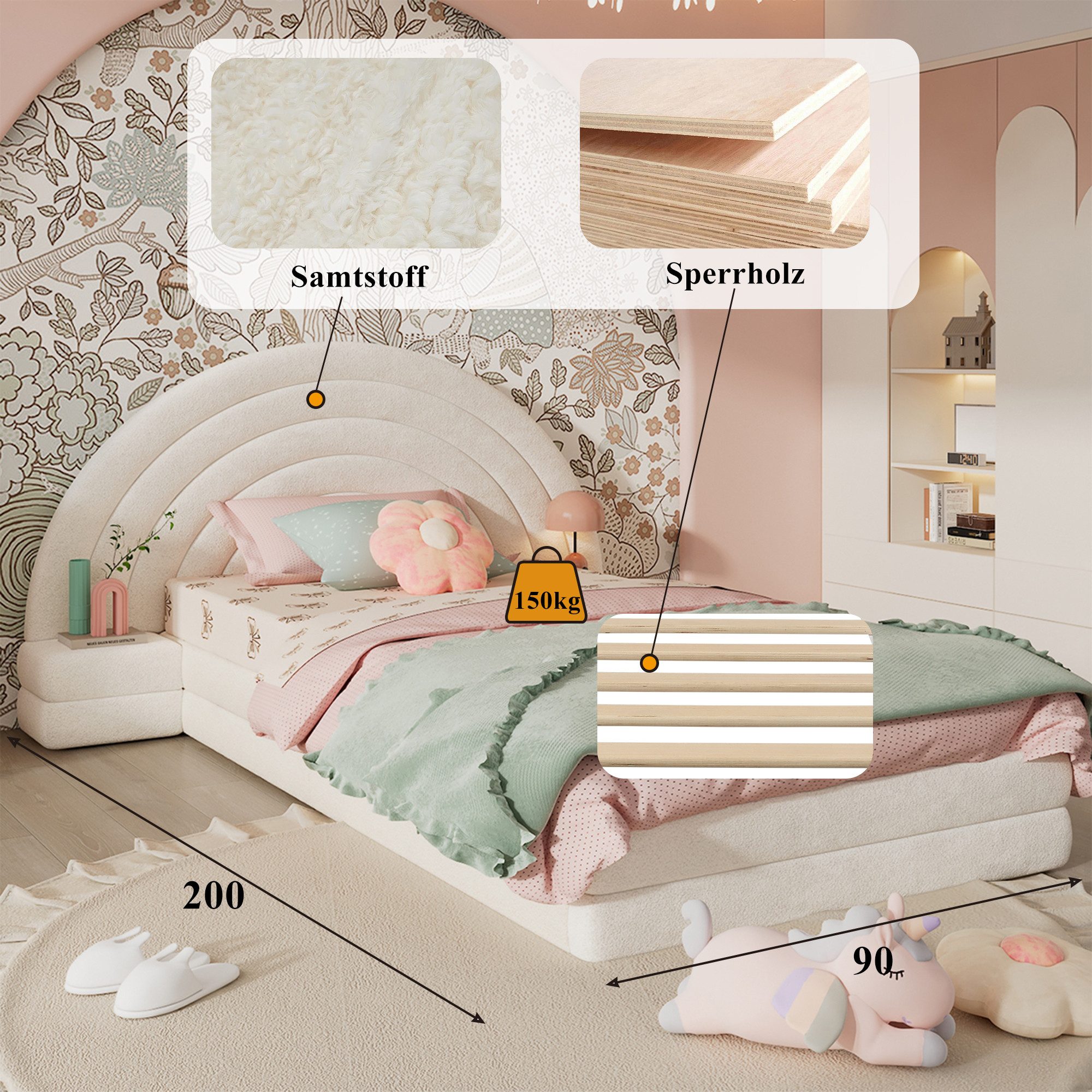 REDOM Polsterbett mit Seitentischen, Vliesimitat (Bequemes Regenbogen-Kinde günstig online kaufen