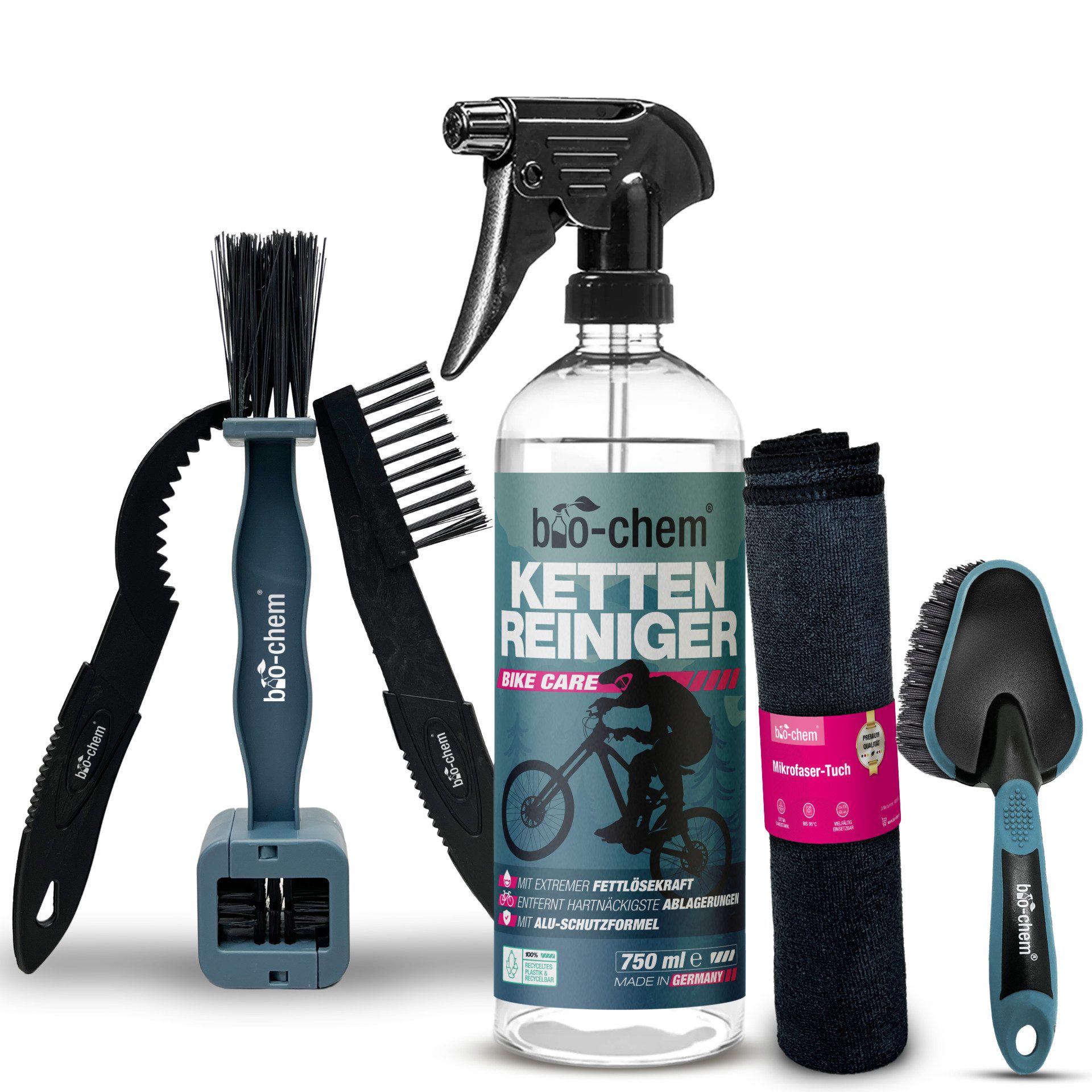 bio-chem bio-chem Kettenreiniger Fahrrad flüssig - Antriebsentfetter - 750 ml Zweiradreiniger (Sparpaket, [- Kettenreiniger 0.75 l Handsprayflasche + Zubehör Lösemittelfreier Entfetter, materialschonend)