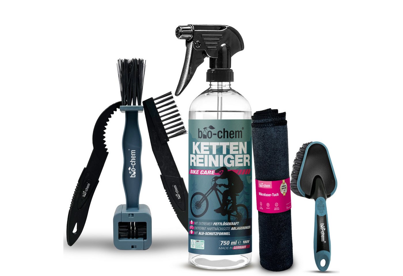 bio-chem bio-chem Kettenreiniger Fahrrad flüssig - Antriebsentfetter - 750 ml Zweiradreiniger (Sparpaket, [- Kettenreiniger 0.75 l Handsprayflasche + Zubehör Lösemittelfreier Entfetter, materialschonend)