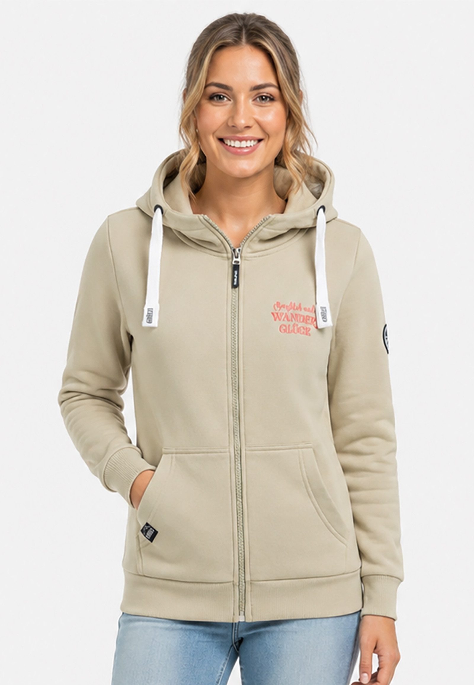 SUBLEVEL Hoodie Reißverschluss Stickerei Kapuze für Damen (1-tlg) Baumwolle Normal Fit Kapuze Langarm Spruch atmungsaktiv