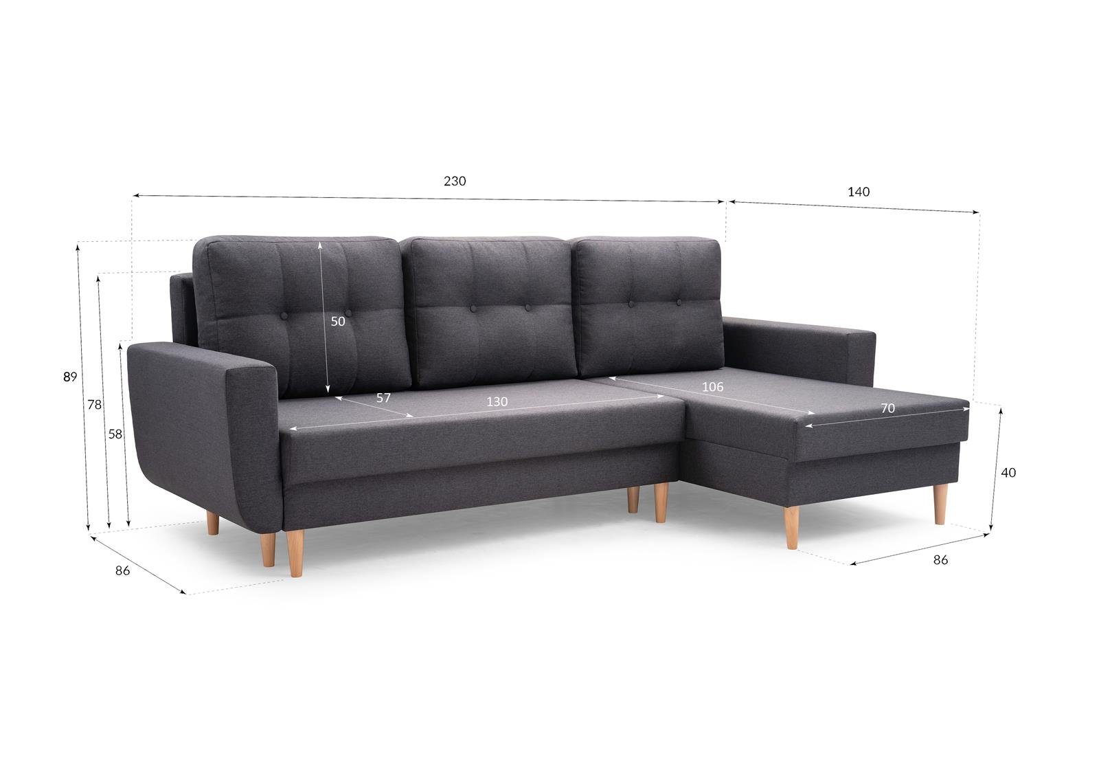 new mane Schlaffunktion, mit Anthrazit mit Ecksofa ONLY, Beautysofa (malmo Polsterecke Sofa universelle 96) Couch