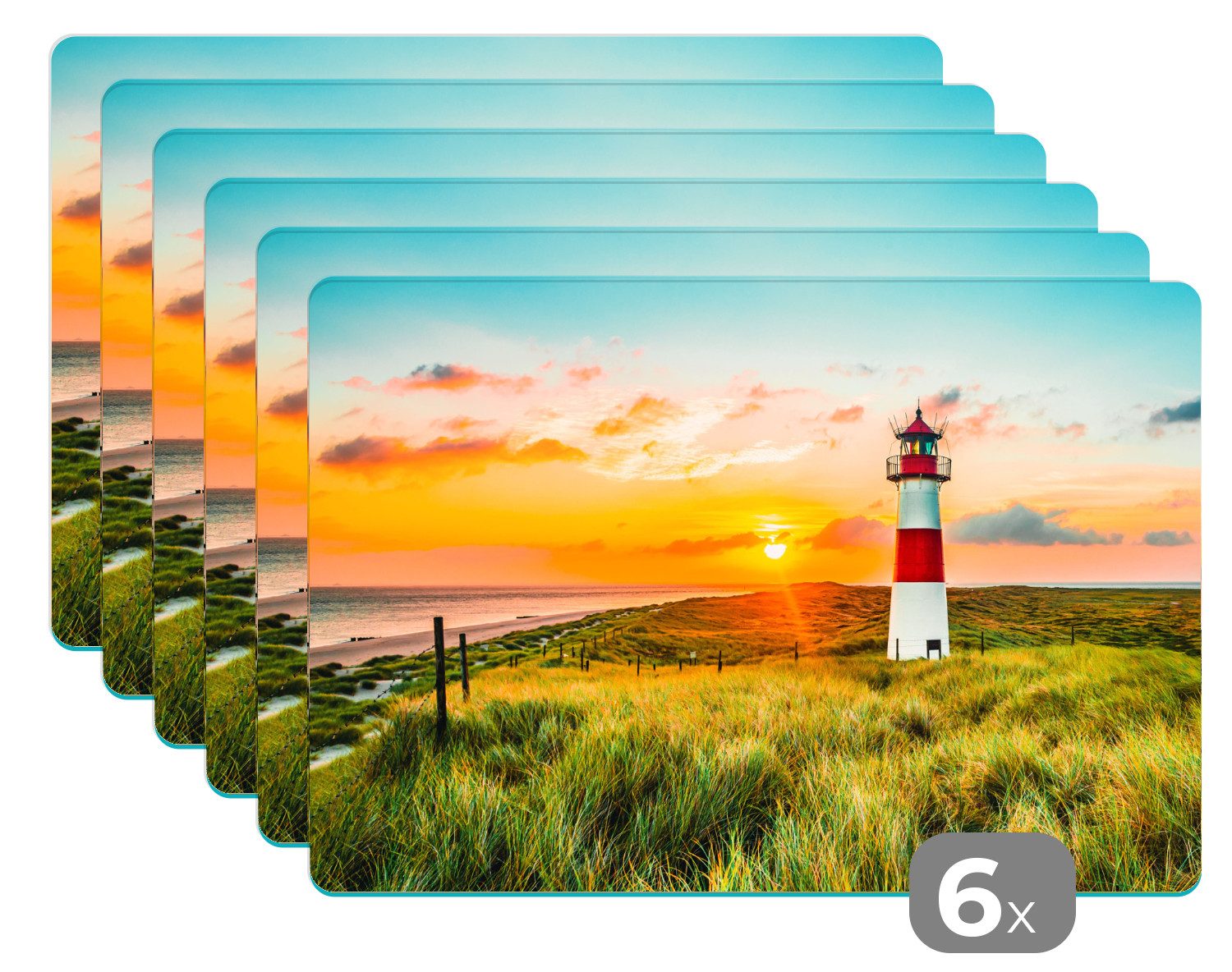 MuchoWow Platzset Leuchtturm - Natur - Sonne - Landschaft - Gras - Strand - Meer, (6-St), Platzsets, Tischset, Abwaschbar, Tischsets, Platzdeckchen
