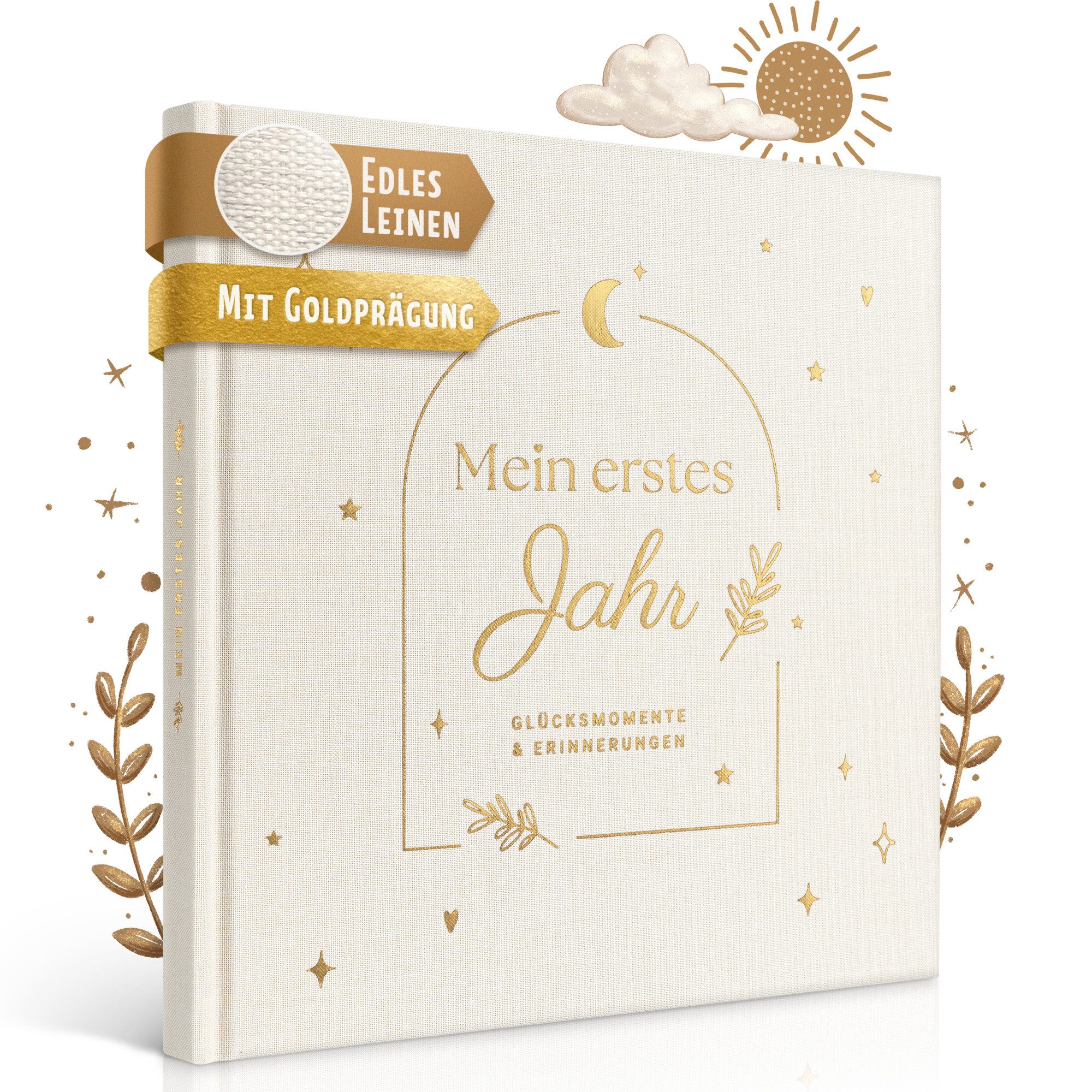 Eulentaler Tagebuch I Babyalbum mein erstes Jahr I Mit Leinen & Goldprägung, im Scandi Stil, mit handgemalte Illustrationen & allen Meilensteinen