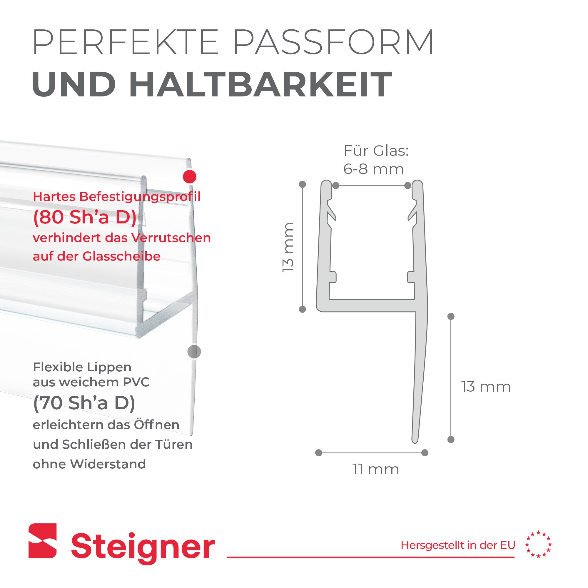 STEIGNER Duschdichtung Duschtürdichtung Gerade UK55 30 cm (1 Stk) Transparent 6-8 mm, L: 30 cm, (1 Stück Packung, Einzeldichtung), Dichtung gerade für Eckeinsti – Bild 2 von 5
