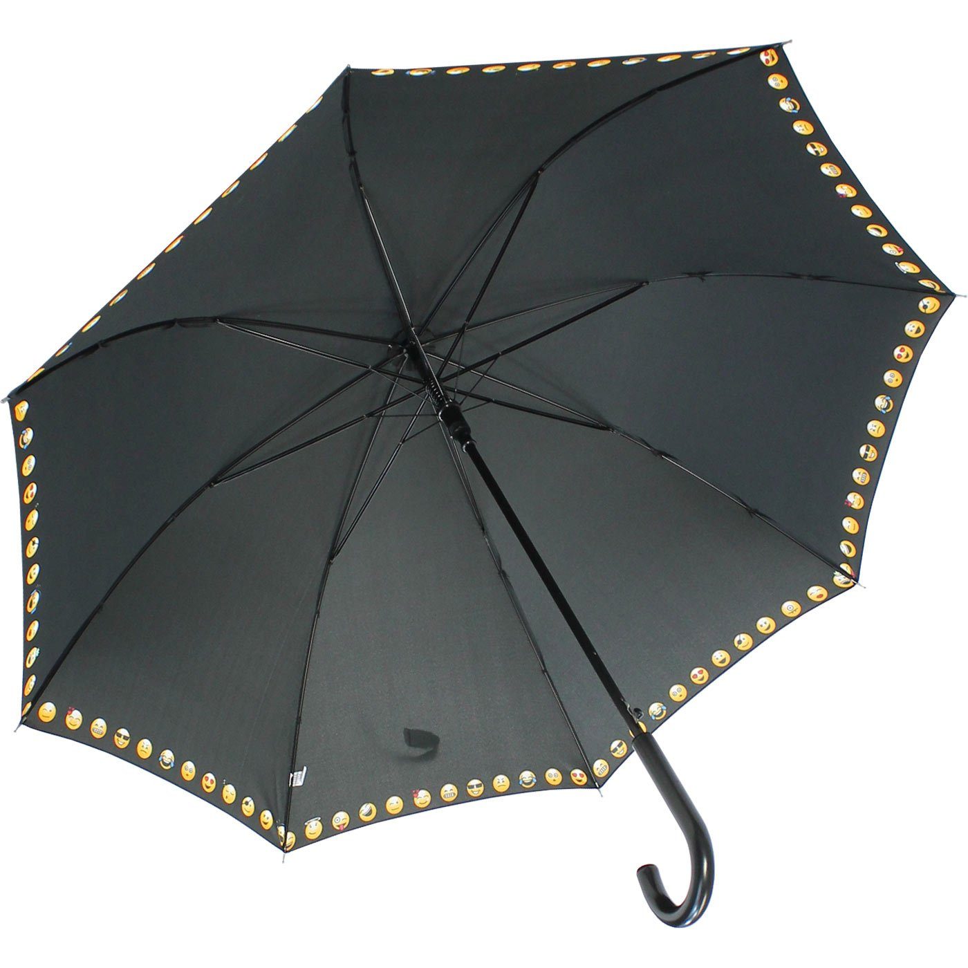 HAPPY RAIN Langregenschirm großer Damen, Smileys schwarz mit mit für bedruckt Auf-Automatik - Borte lustigen Regenschirm