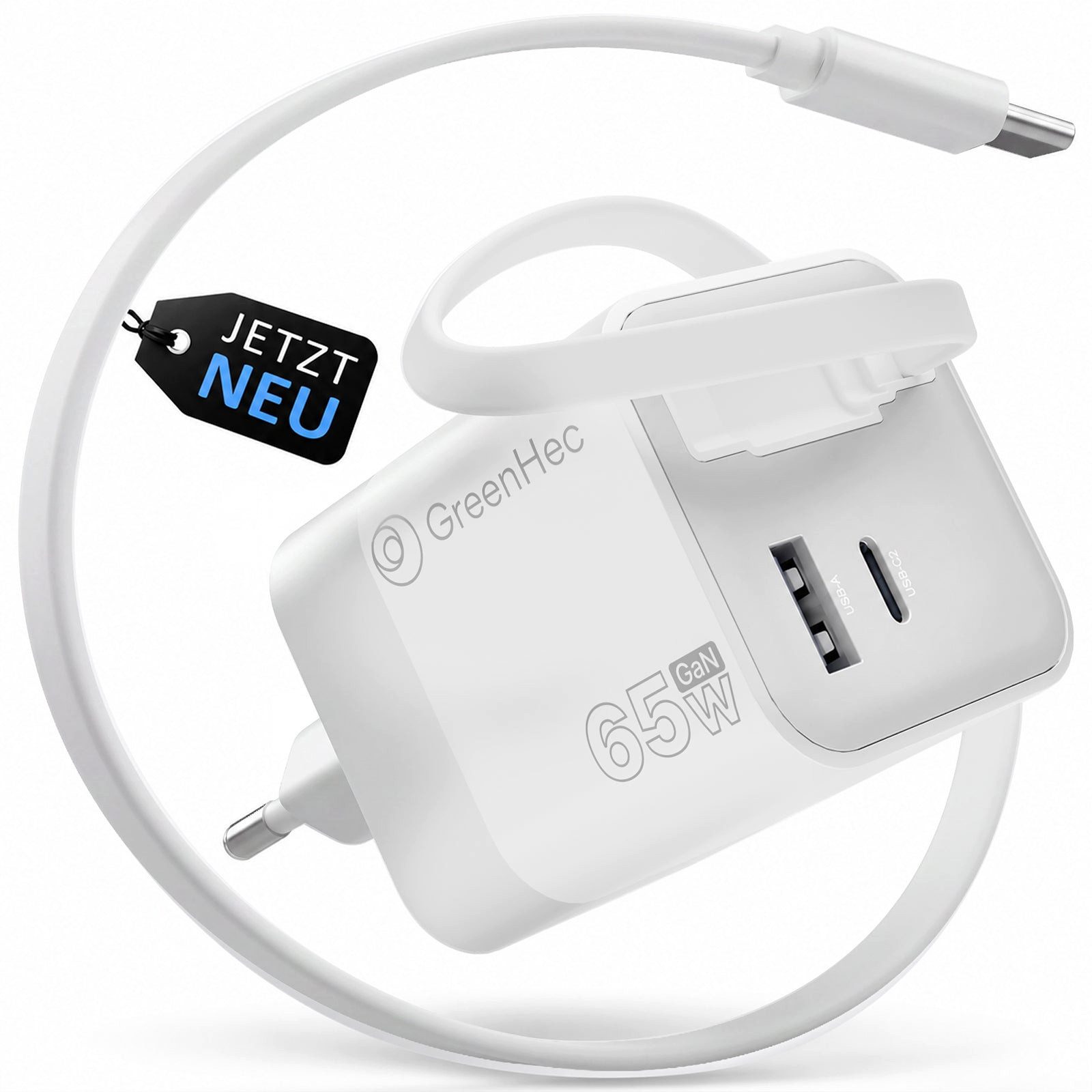 GreenHec 65w USB-C Ladegerät - Ausziehbares Kabel, GaN Schnell Charger Schnelllade-Gerät (50 mA, Spar-Set, Universelle Kompatibilität, Netzteil, 3 Port Stecker, für Macbook, Labtop, iPad, iPhone, Samsung)