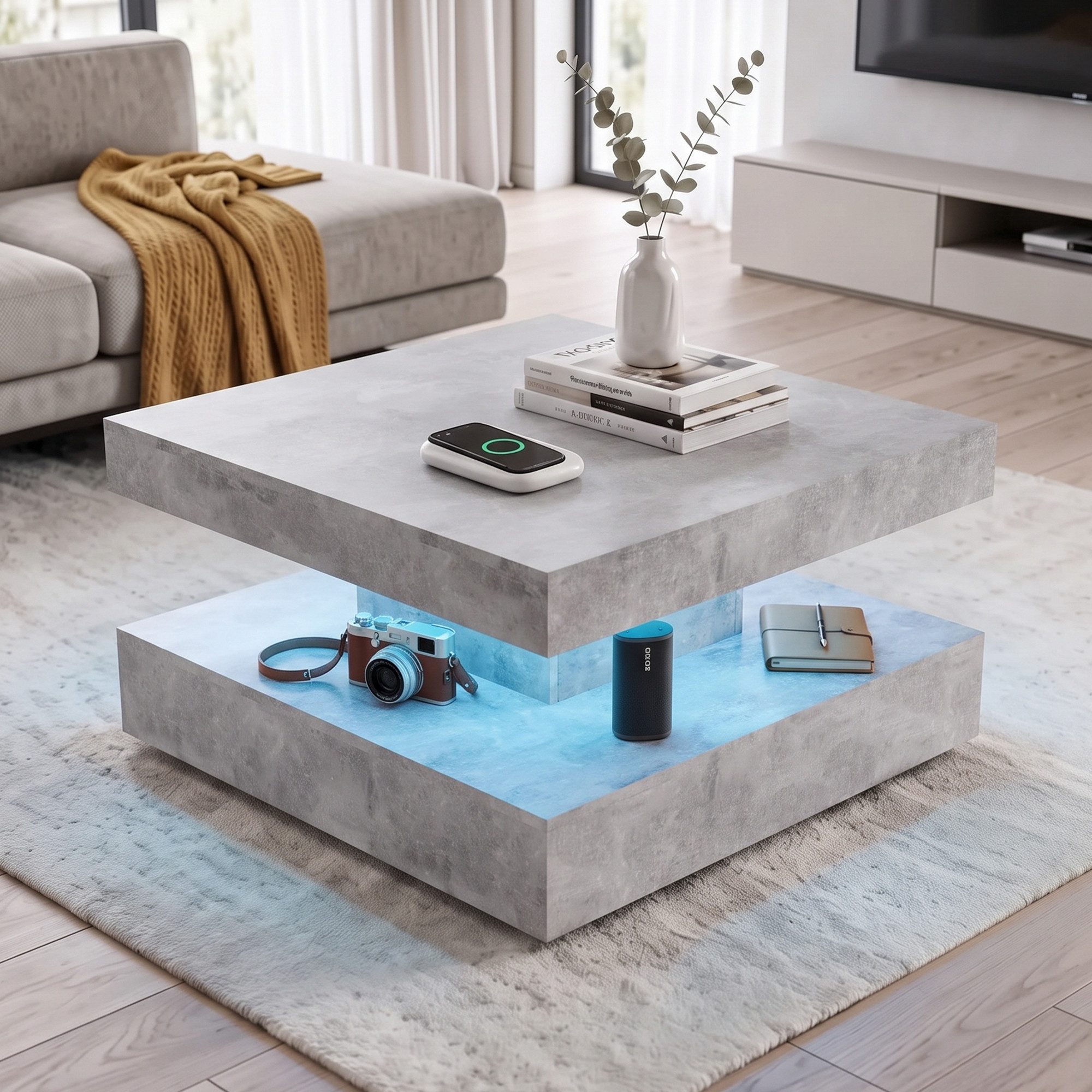 radelldar Couchtisch mit LED-Beleuchtung & Fernbedienung, Quadratischer Sofatisch78x78x40cm (1-St), Hochglanz Wohnzimmertisch, Robuster Beistelltisch