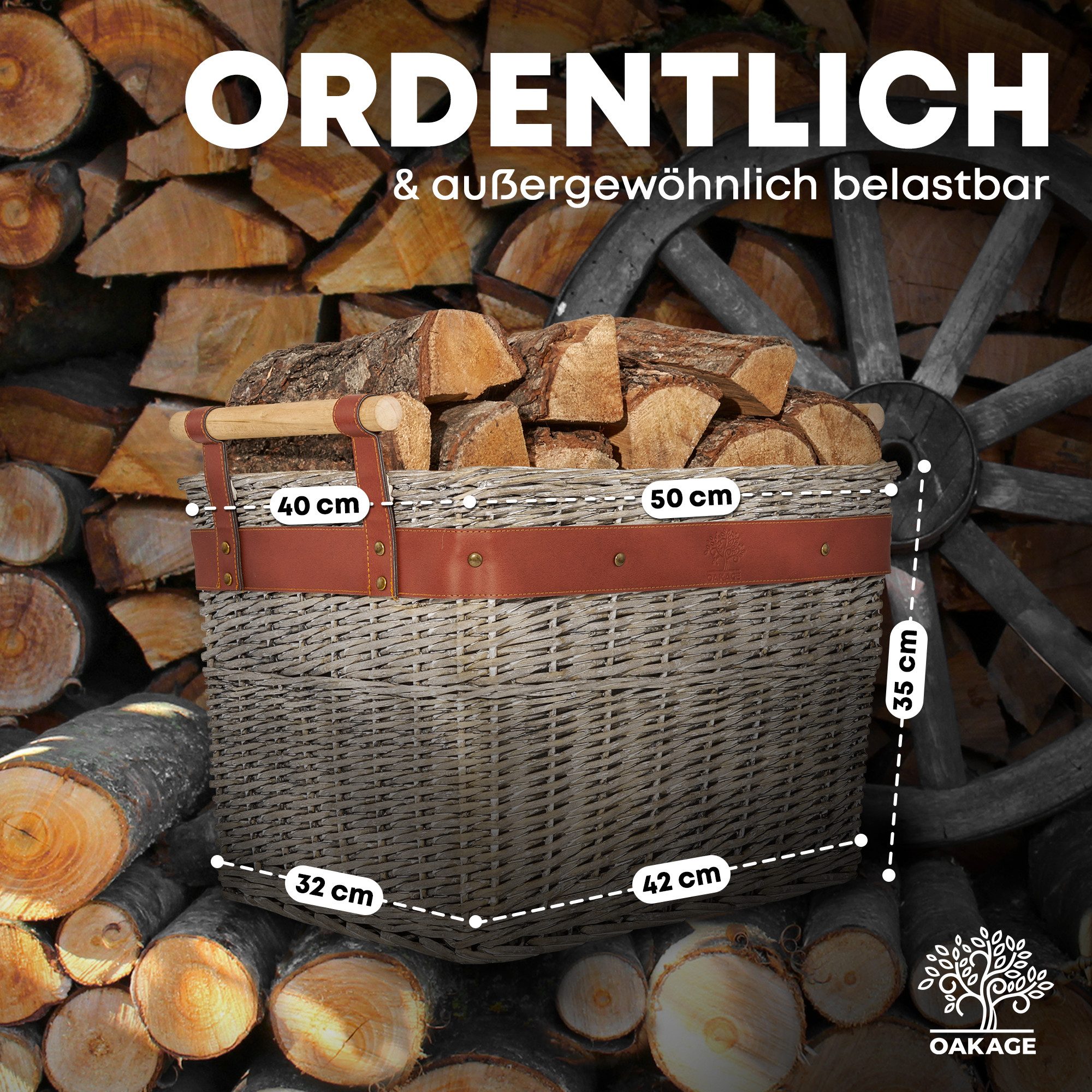 OAKAGE Kaminholzkorb Weidenkorb für Kaminholz Groß Feuerholzkorb Kaminkorb, schmutzabweisendes Innenfutter