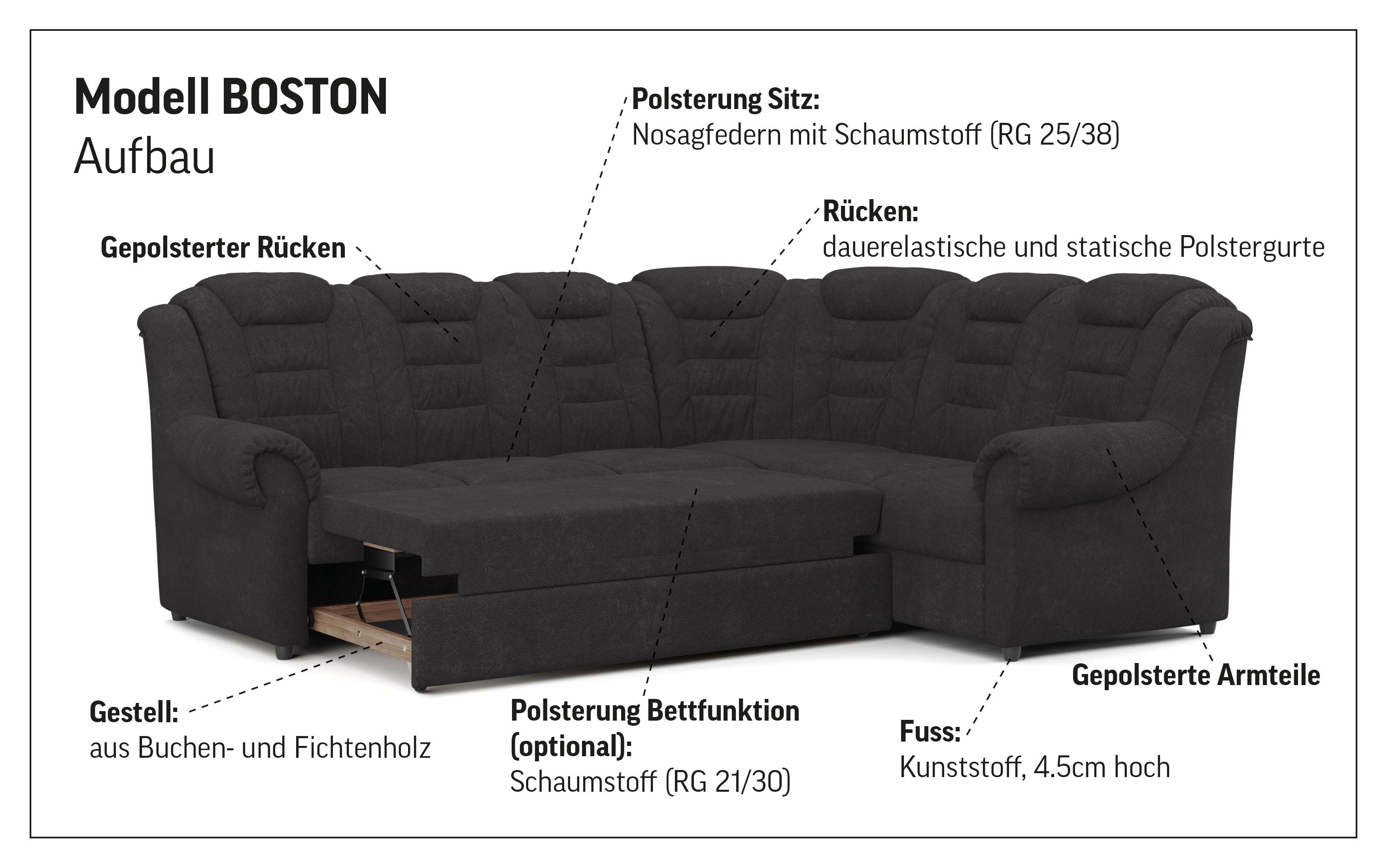 Home affaire Ecksofa Boston L-Form, mit hoher Rückenlehne, wahlweise mit Bettfunktion & Stauraum