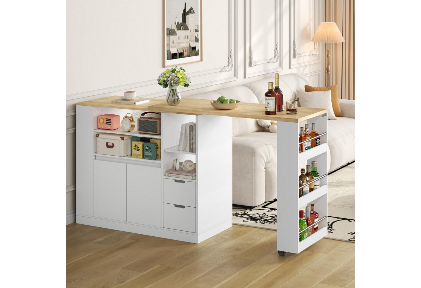 Flieks Bartisch 360° drehbar Stehtisch mit Mehrzweckschrank (Set, 2-St., mit 2 Schubladen, Türen und offene Regalen), schwenkbar Esstisch inkl. Kommode mit Stauraum Weiß