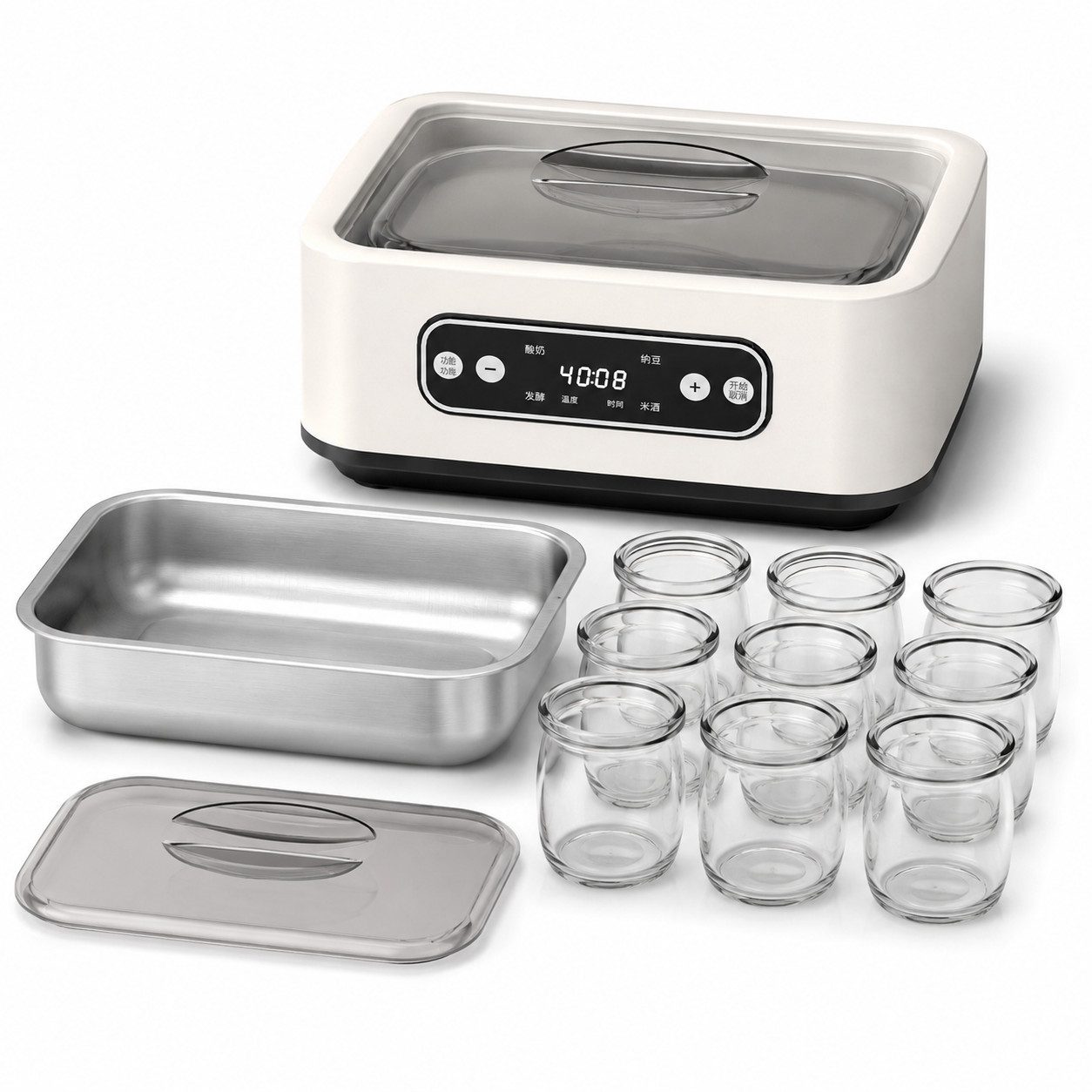 Tekoo Joghurtbereiter Joghurtmaschine 1,6L Edelstahlbehälter 9 Gläser Timer hausgemacht, 10 Portionsbehälter, je 1600 ml, Unterdruck-Dichtung im Behälterdeckel, multifunktionale Anwendung