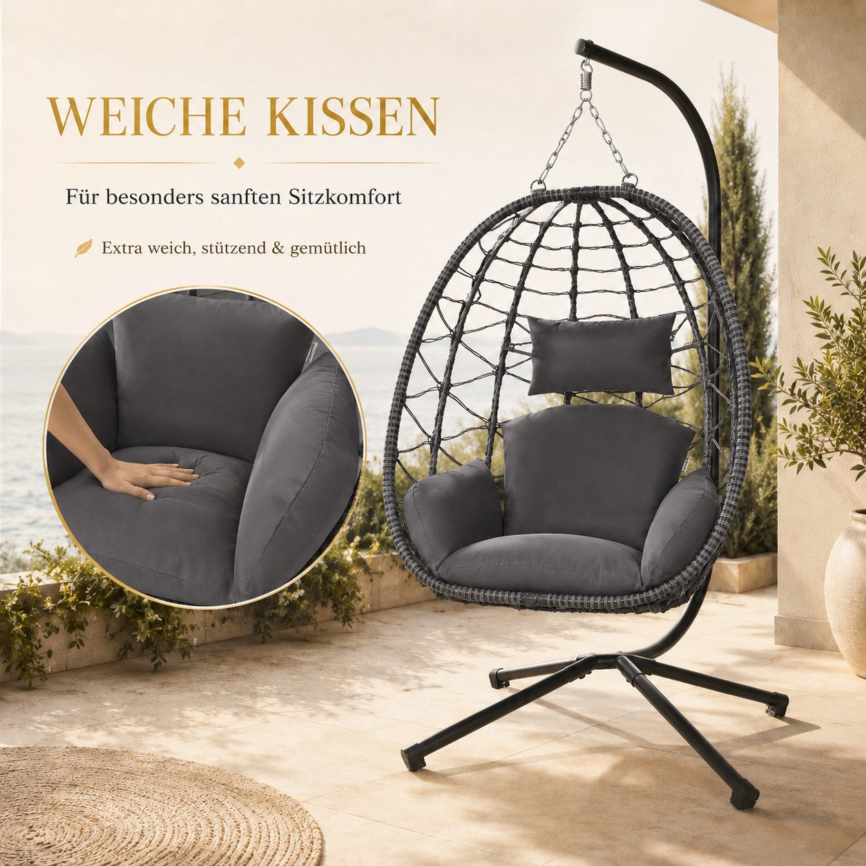 Makika Loungesessel Hängesessel mit Gestell Polyrattan Höhenverstellbar - 150 kg - Grau