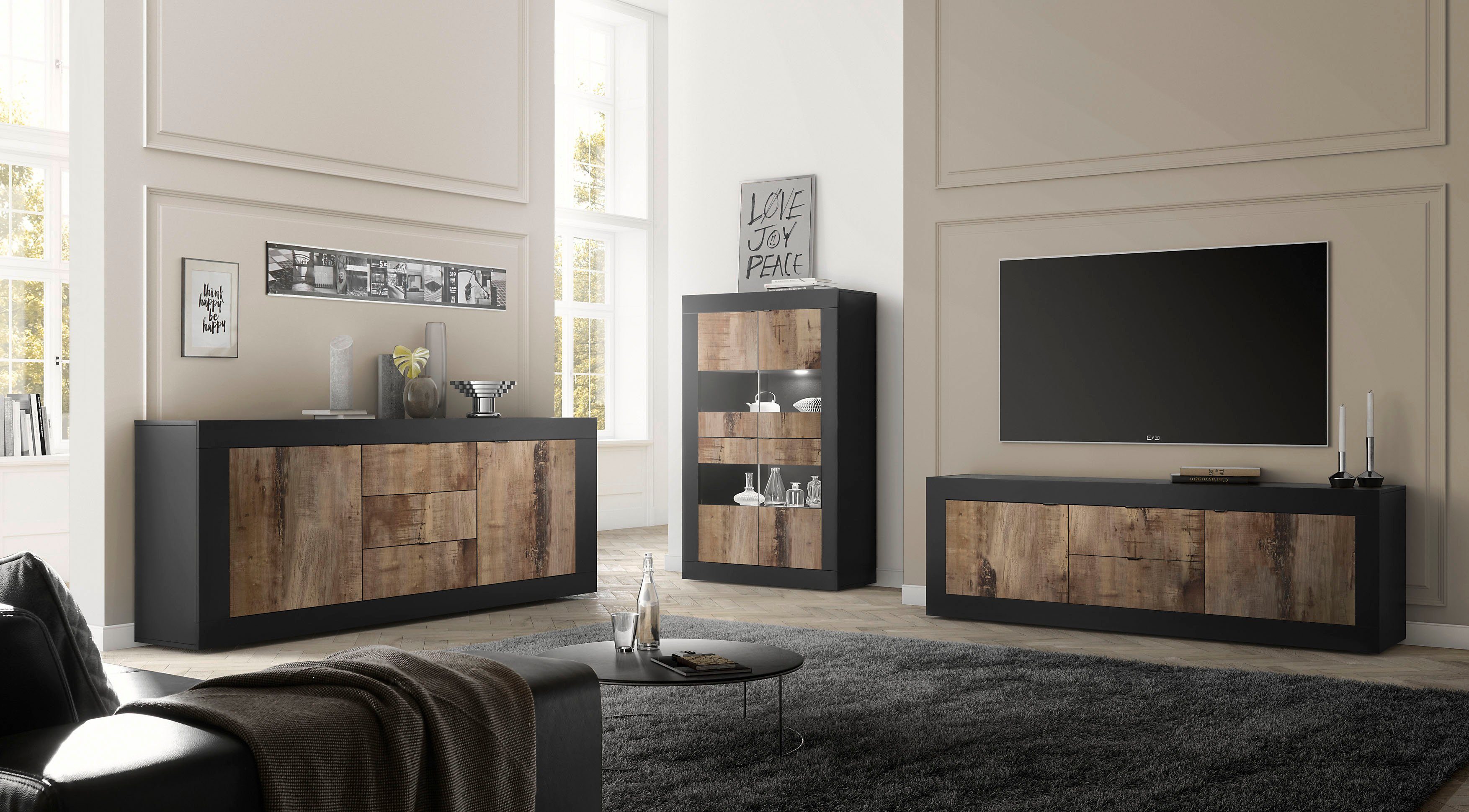 Home affaire Lowboard Basic Breite 210 cm, TV-Board 2 Türen, 2 Schubkästen, TV-Schrank, Metallgriff, moderne Rahmenoptik, viel Stauraum, Farbauswahl