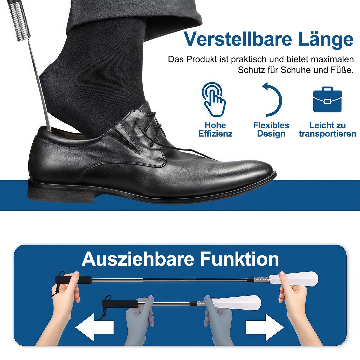 MOPUEA Schuhlöffel Schuhanzieher mit langem Griff 41cm bis78cm verstellbarer Expander (Set, 2-tlg., Einstellbare Länge für jeden Benutzer), Praktische Aufbewahr – Bild 5 von 5