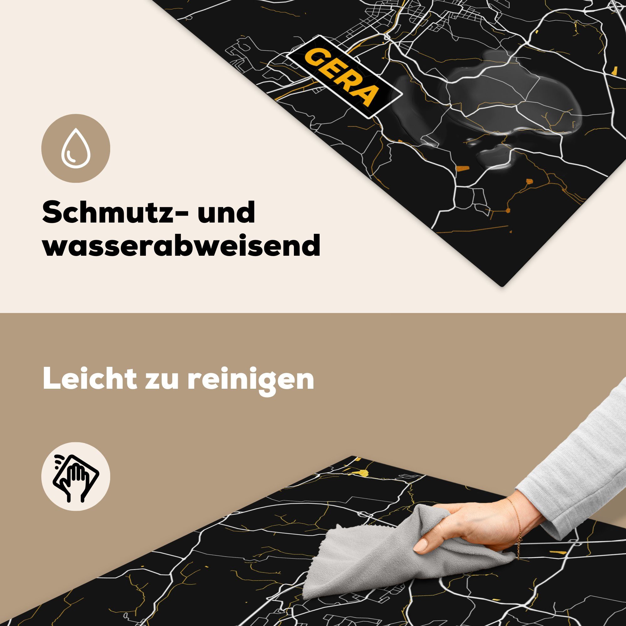(1 Karte Arbeitsplatte 78x78 - Gold - küche Vinyl, Stadtplan MuchoWow Ceranfeldabdeckung, für - Deutschland, Gera tlg), cm, - Herdblende-/Abdeckplatte