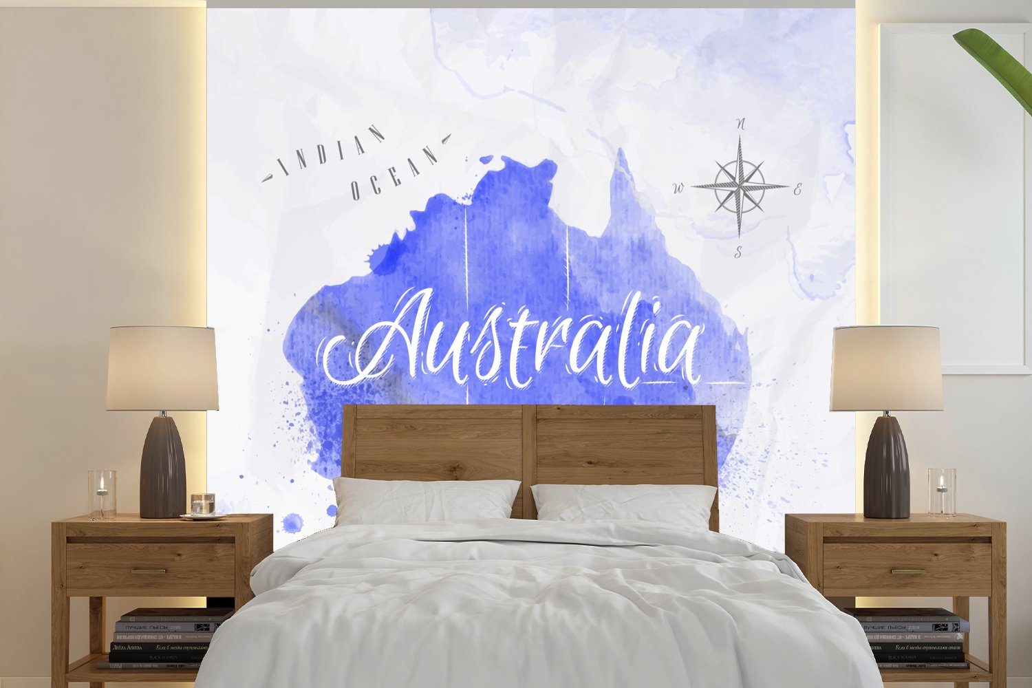 MuchoWow Fototapete Weltkarte Fototapete Australien (4 Küche, Wohnzimmer bedruckt, Blau, St), - Matt, Schlafzimmer - für Vliestapete
