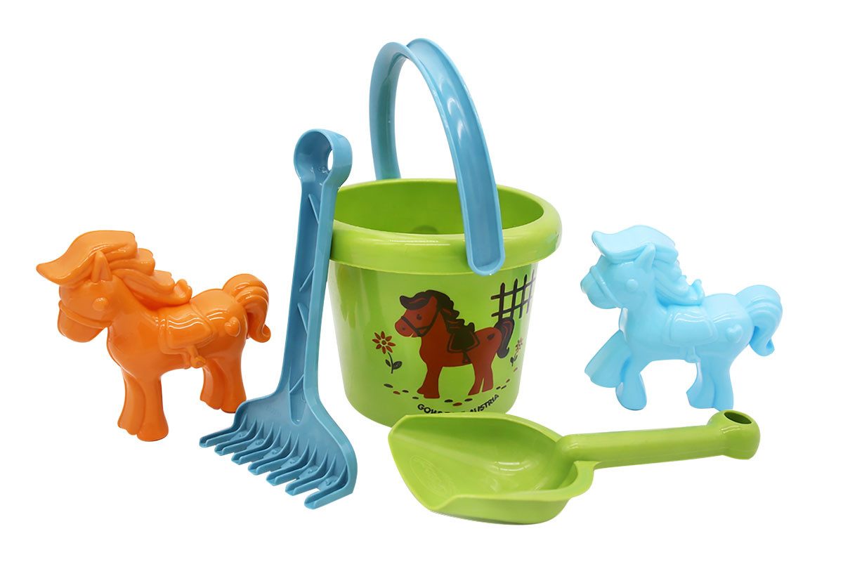 GOWI Sandform-Set Pony, (5-tlg), Eimer, Schaufel, Rechen, 2 x Sandform Pony