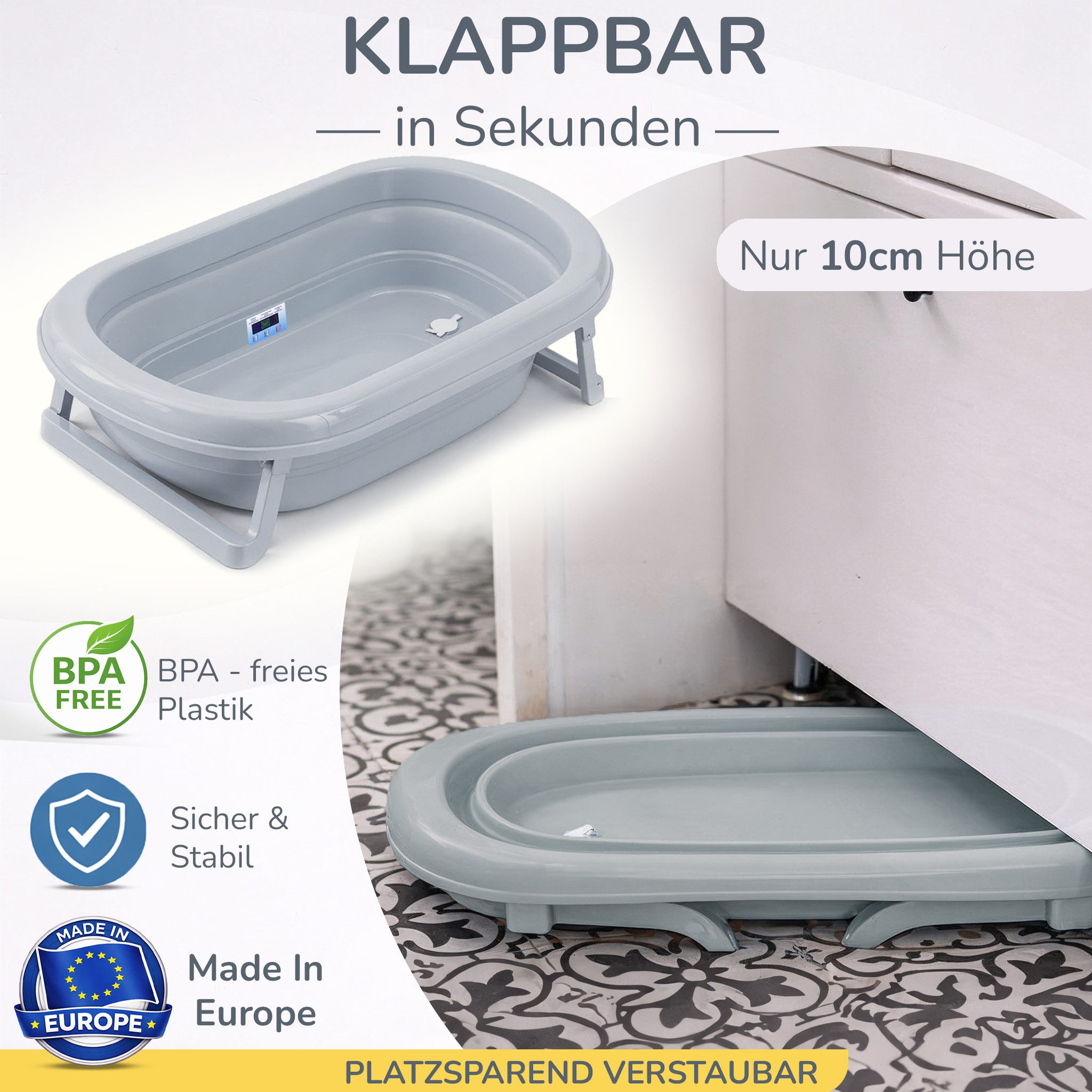 Babykajo Babybadewanne, (Set, 4-tlg), Babywanne faltbar mit Ständer, Abflussschlauch und Thermometer
