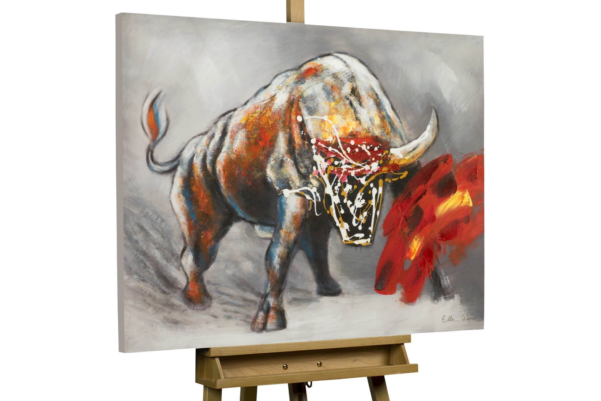 KUNSTLOFT Gemälde Der rote Stier 100x75 cm, Leinwandbild 100% HANDGEMALT Wandbild Wohnzimmer
