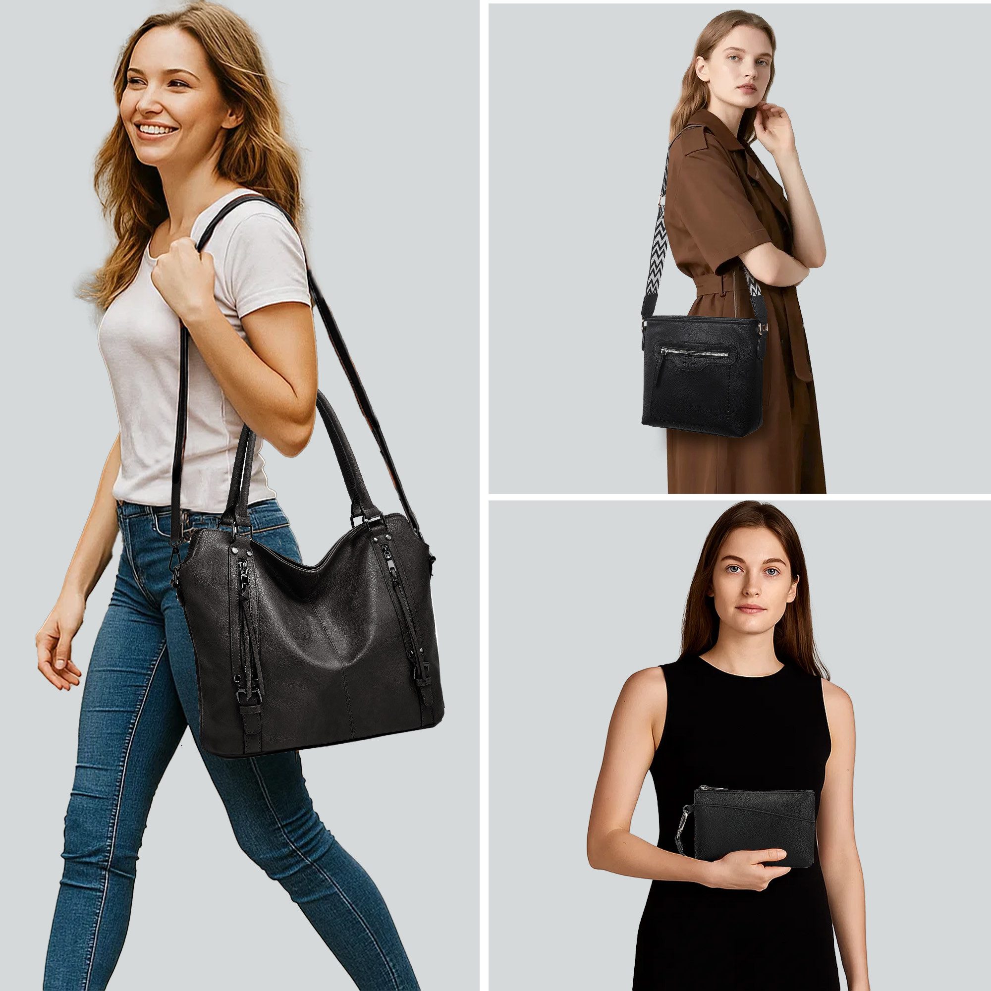 TAN.TOMI Handtasche 3-Tlg Shopper Schultertasche Geldbörse Damen Groß Umhängetasche, Für Freizeit Business Schule Büro usw in schlichter Optik