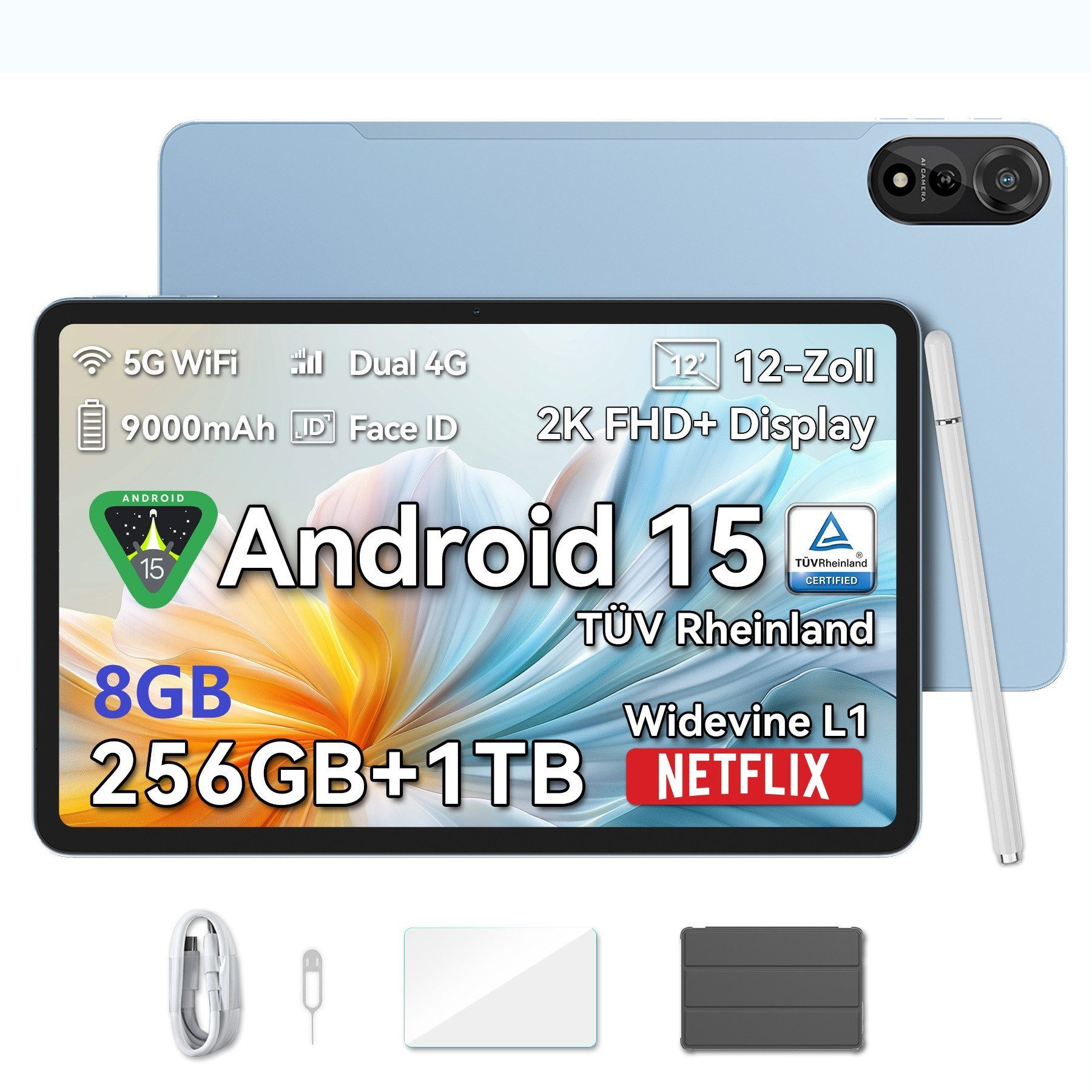 blackview 2026 12“ Mega2 128/256GB 4G LTE Android 15 2,4K Display Tablet (12", 256 GB, Android 15, 4G (LTE), 5G WiFi, 2K, Android 15, 9000mAh, 4G LTE, 128/256GB)