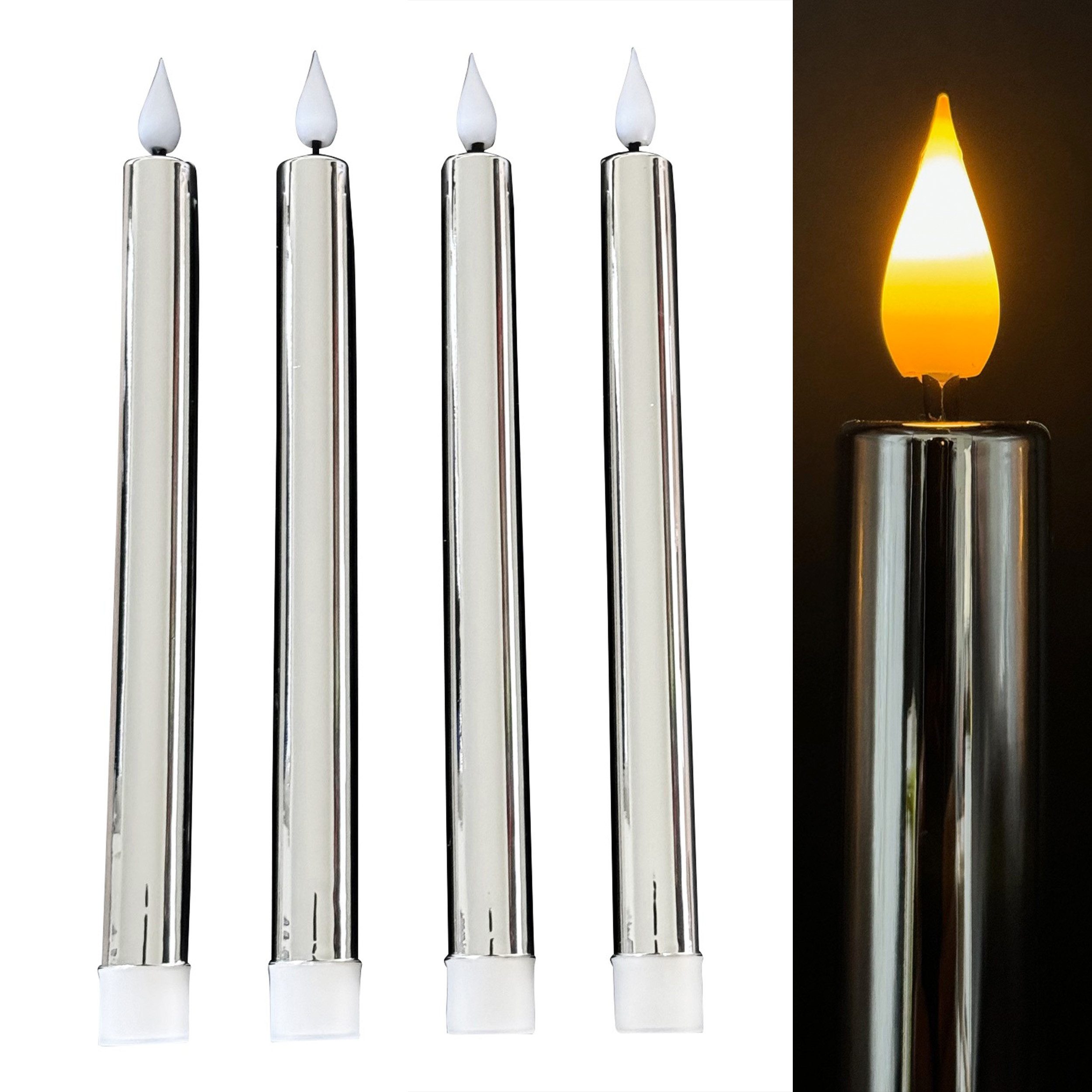 Online-Fuchs LED-Kerze 4 LED Stabkerzen SHINY mit glänzender Oberfläche inkl. Timer (Silber, Gold Ros), flackernde Flamme - 225