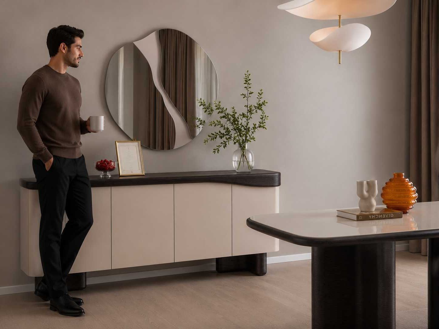 Xlmoebel Buffetaufsatz Beiger Buffetschrank mit Spiegel – Stilvolles Sideboard für Ihr, (2-St), Made in Europa