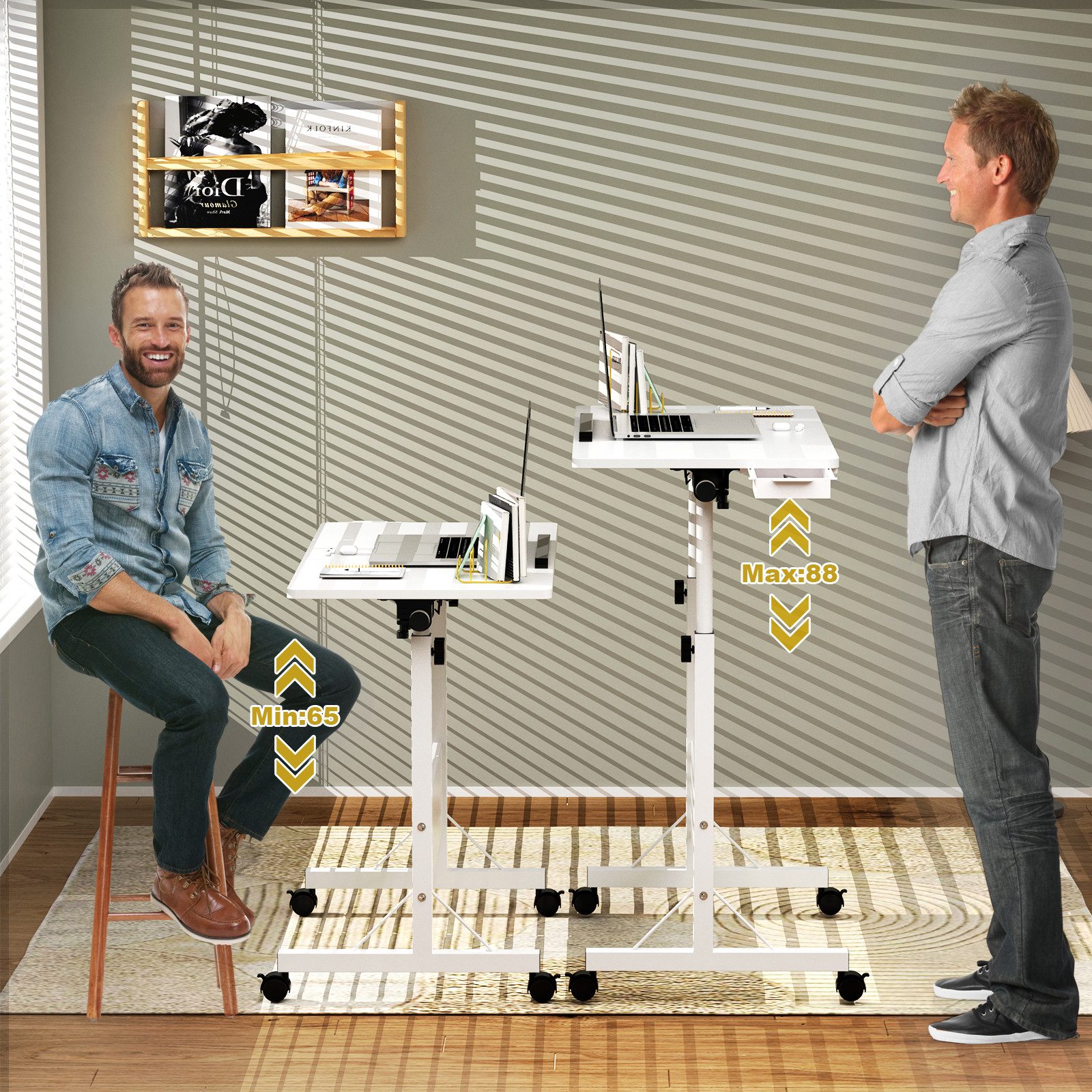 JEOBEST Computertisch Stehpult Höhenverstellbar Schreibtisch, Beistelltisch fürs Sofa, (Laptoptisch, 1-St) 180° Drehbaren Tischplatte, 4 Mobiler Rollen