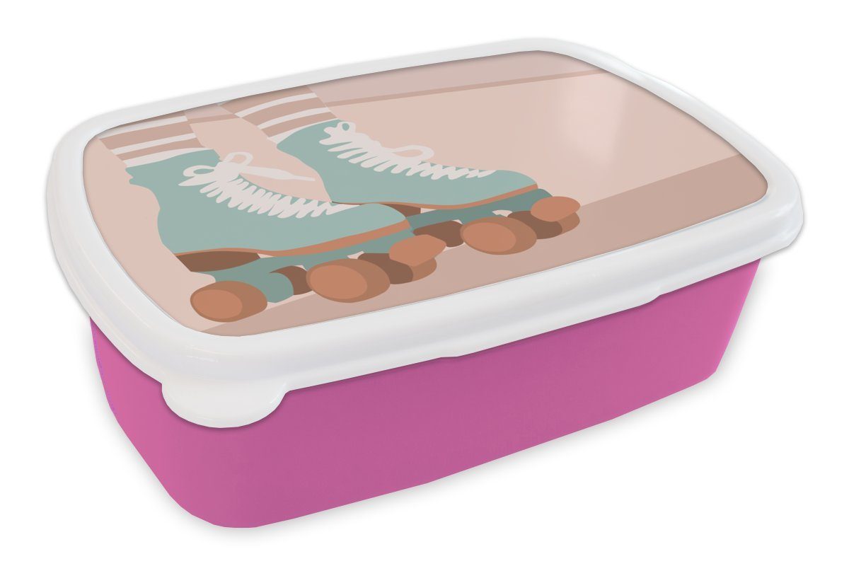 Kunststoff, (2-tlg), - Lunchbox Rollerblades Blau, Sommer rosa Kunststoff Snackbox, MuchoWow - Kinder, für Erwachsene, Mädchen, Brotdose Brotbox