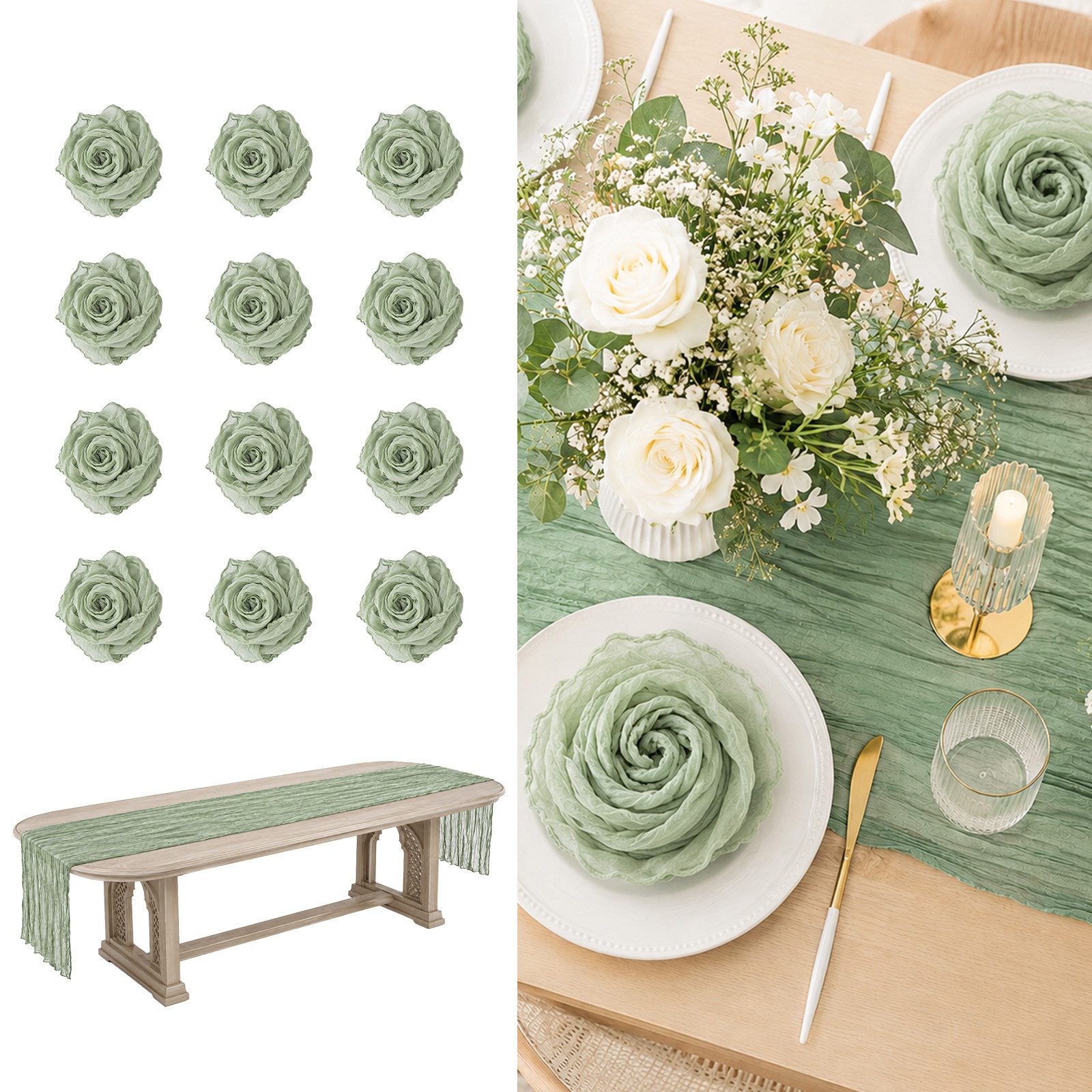 Youyijia Stoffserviette Musselin Servietten Gaze Stoff Set mit 12 Servietten Salbeigrün