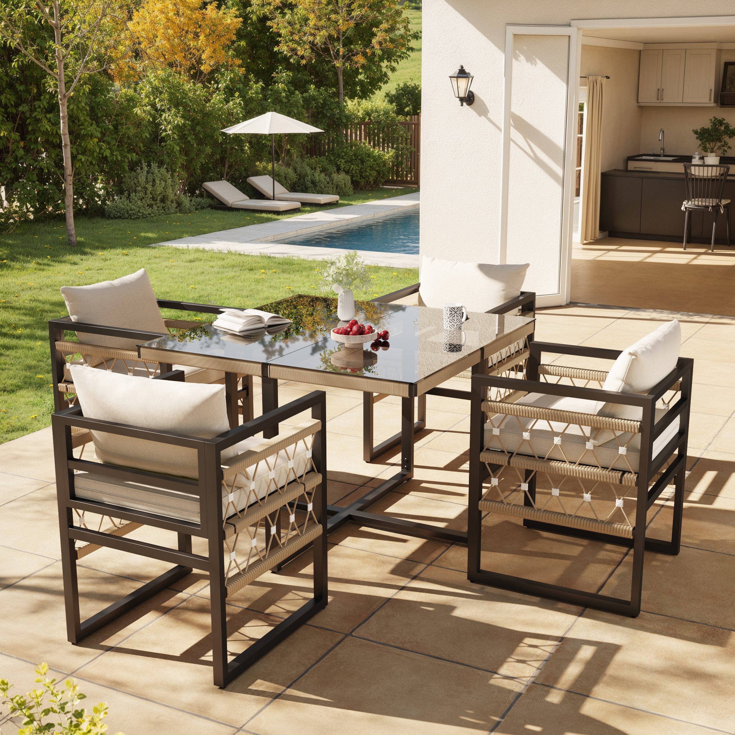 Flieks Garten-Essgruppe, (1-tlg), Gartenmöbel-Set Gartenlounge, 1 Tisch aus Sicherheitsglas & 4 Stühle