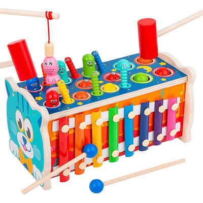 Wenta Lernspielzeug (7-in-1 Montessori Hammer- und Musikspielzeug, Holz Lernspielzeug mit Xylophon, Angelspiel, Wurm Fangen), für Kinder ab 2 Jahren