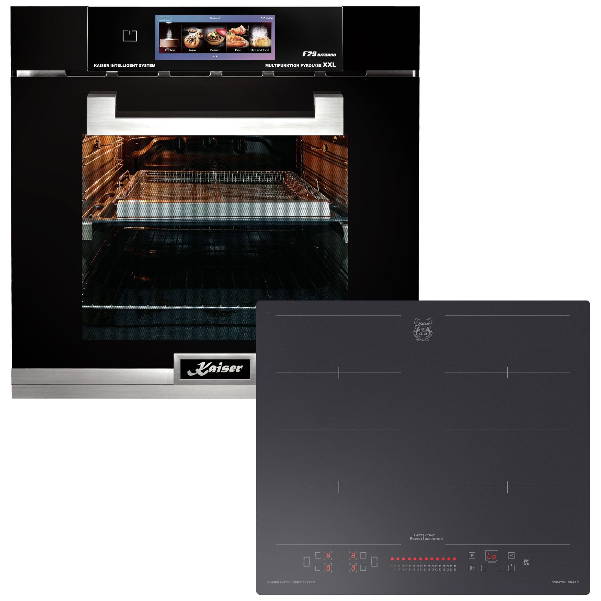 Kaiser Küchengeräte Backofen-Set Einbauherd 60 cm, FlexInduktion, Air Fry, Pyrolyse, TFT Touch Display, XXL Backofen 81 L EH6344N+KCT 6110 FI, mit 1-fach-Teleskopauszug, Pyrolytische Selbstreinigung, Dampfreinigung (Hydrolyse), Air Fry, Pyrolyse, FlexInduktion, XXL Backofen 81 L, TFT Touch