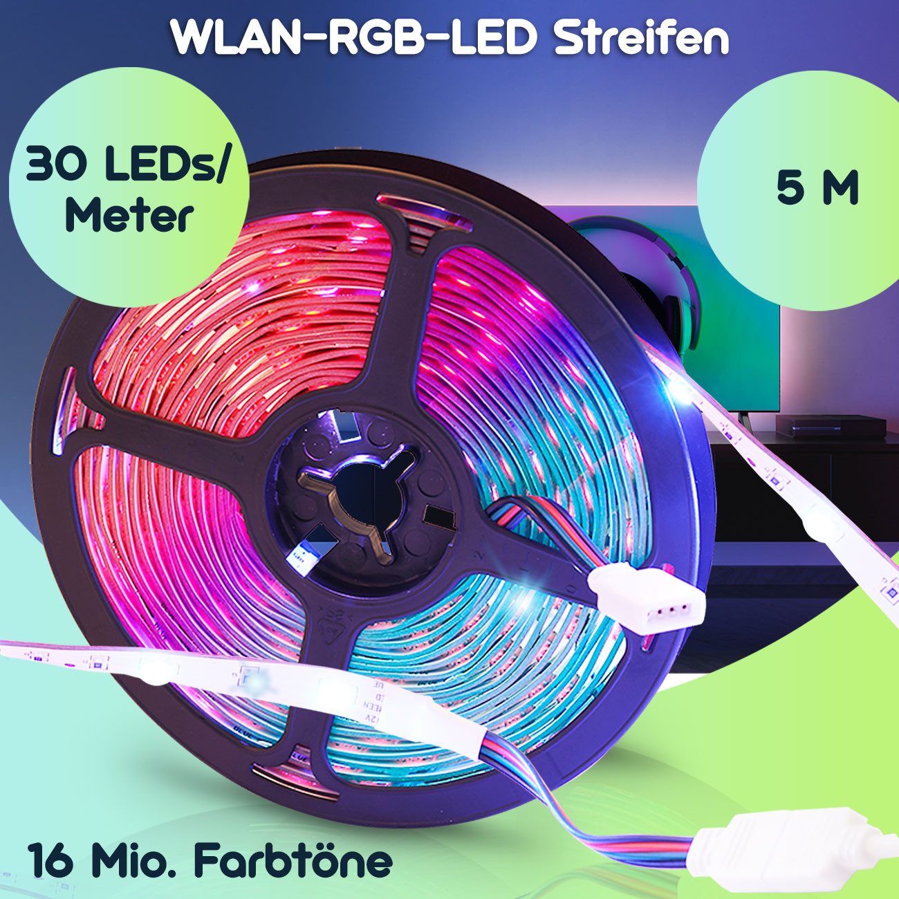 Casativo LED-Streifen 18W LED Streifen 5m WLAN RGB 150 LEDs 16 Mio. Farben Fernbedienung App, 30 LEDs/m, kürzbar, selbstklebend, Smart-Life & Tuya kompatibel