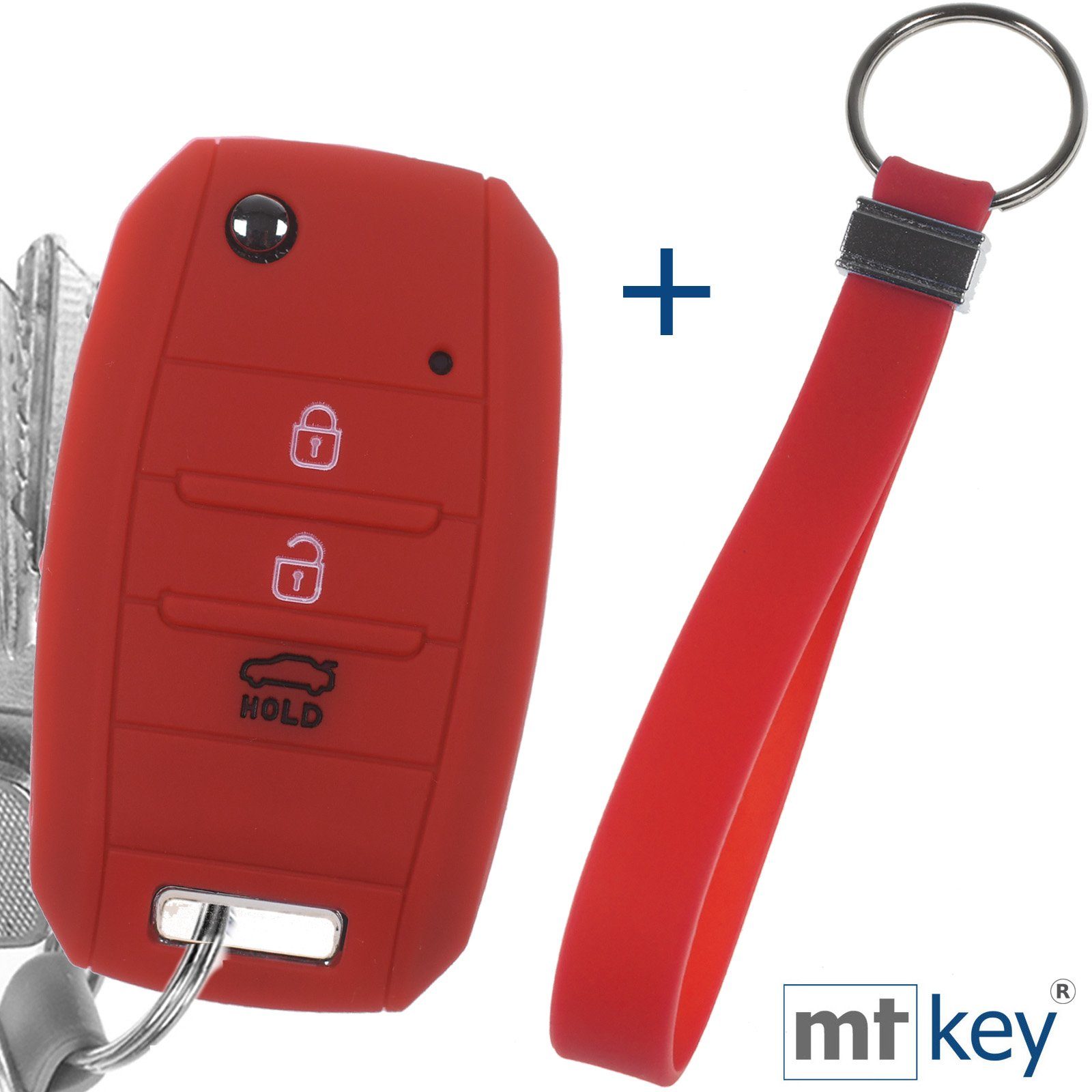 mt-key Schlüsseltasche Autoschlüssel Softcase Silikon Schutzhülle Rot mit Schlüsselband, für KIA Picantio Rio Ceed Soul Sportage Stonic Carens 3 Tasten