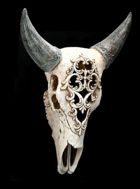 Figuren Shop GmbH Wanddekoobjekt Wandrelief - Bison Totenkopf mit Verzierung - Tierkopf Western Dekoration Fantasy