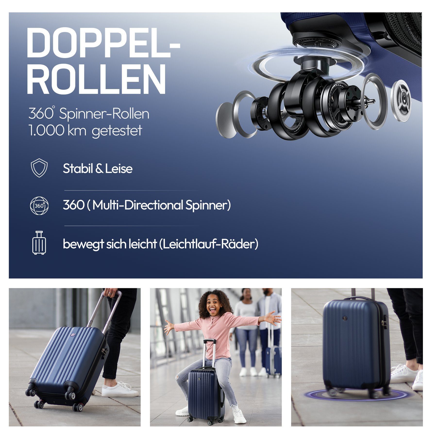 Kofferset Trolley 4 Rollen, teilig Reisekoffer erweiterbar dunkelblau Hartschale Toulouse, 3er Premium FERGÉ Koffer Set, 3 Rollkoffer