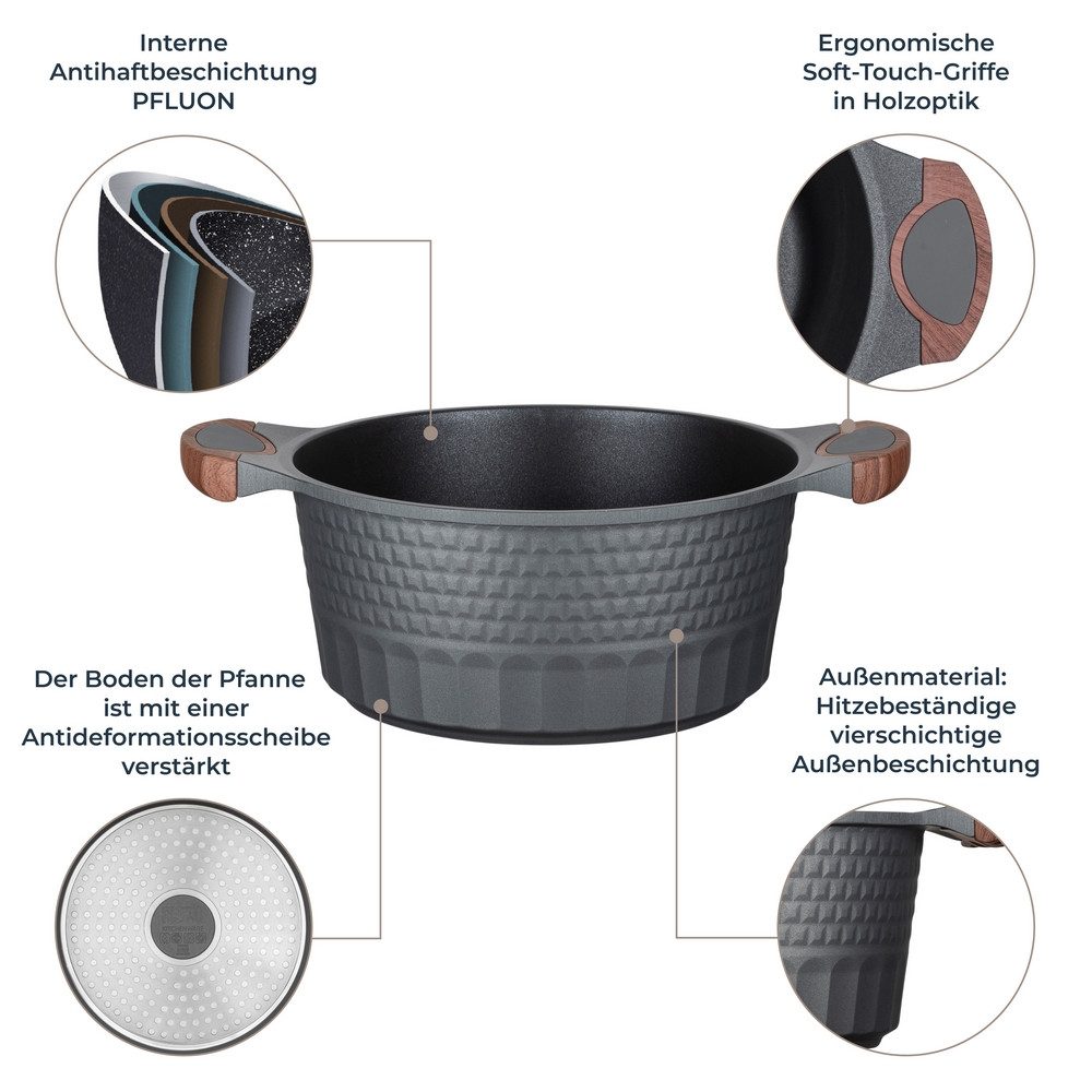 RESTO Kitchenware Kochtopf Capella, Schmortopf antihaftbeschichtet und spülmaschinenfest, Aluminiumguss (2-tlg), mit Glasdeckel und stoßdämpfendem Silikonrand, im Geschenkkarton