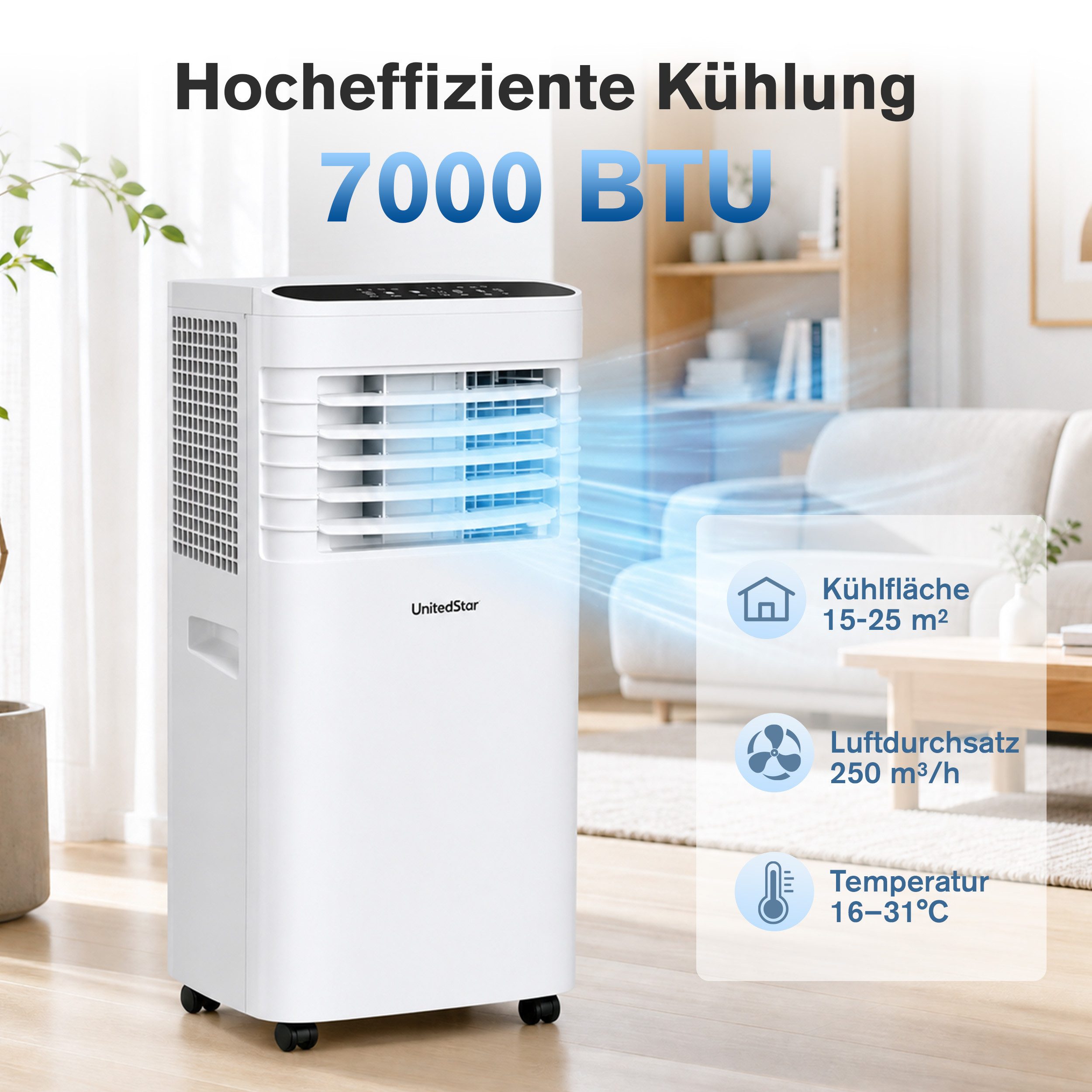 Vankel 3-in-1-Klimagerät 7000 BTU, Mobile Klimaanlage mit Schlafmodus und Fernbedienung, Angenehme Kühle für Schlafzimmer, Wohnzimmer und Homeoffice