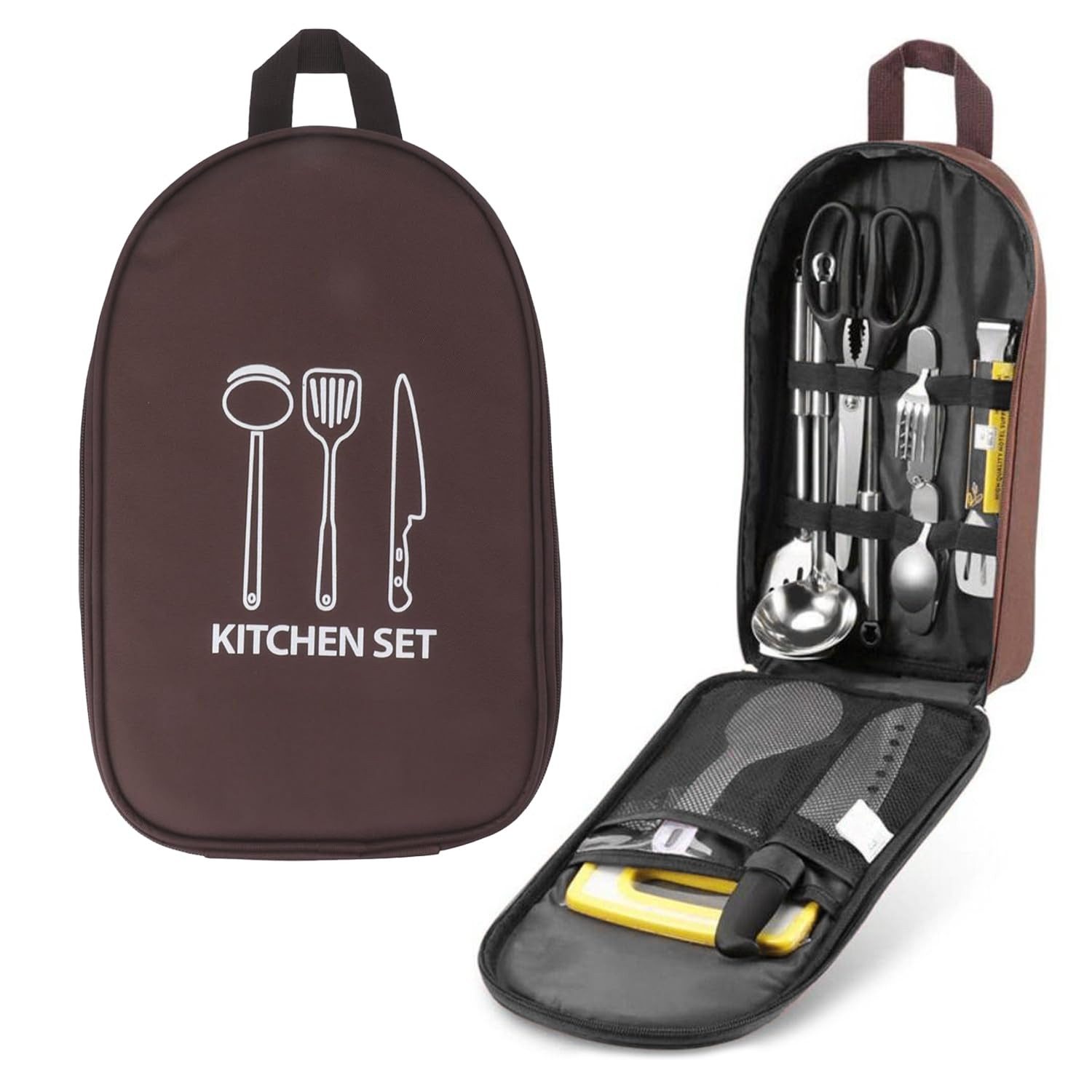 FOUORTUNATE-BEE Besteckkoffer Integrierte Camping-Bestecktasche mit Doppelreißverschluss, Tragbares Outdoor-Kochgeschirr-Organizer mit Netzfächern