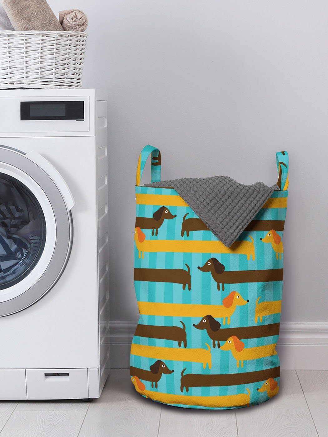 Abakuhaus Wäschesäckchen Wäschekorb mit Griffen Dackel Kordelzugverschluss für Waschsalons, Hintergrund Hunde Blauer Hunde