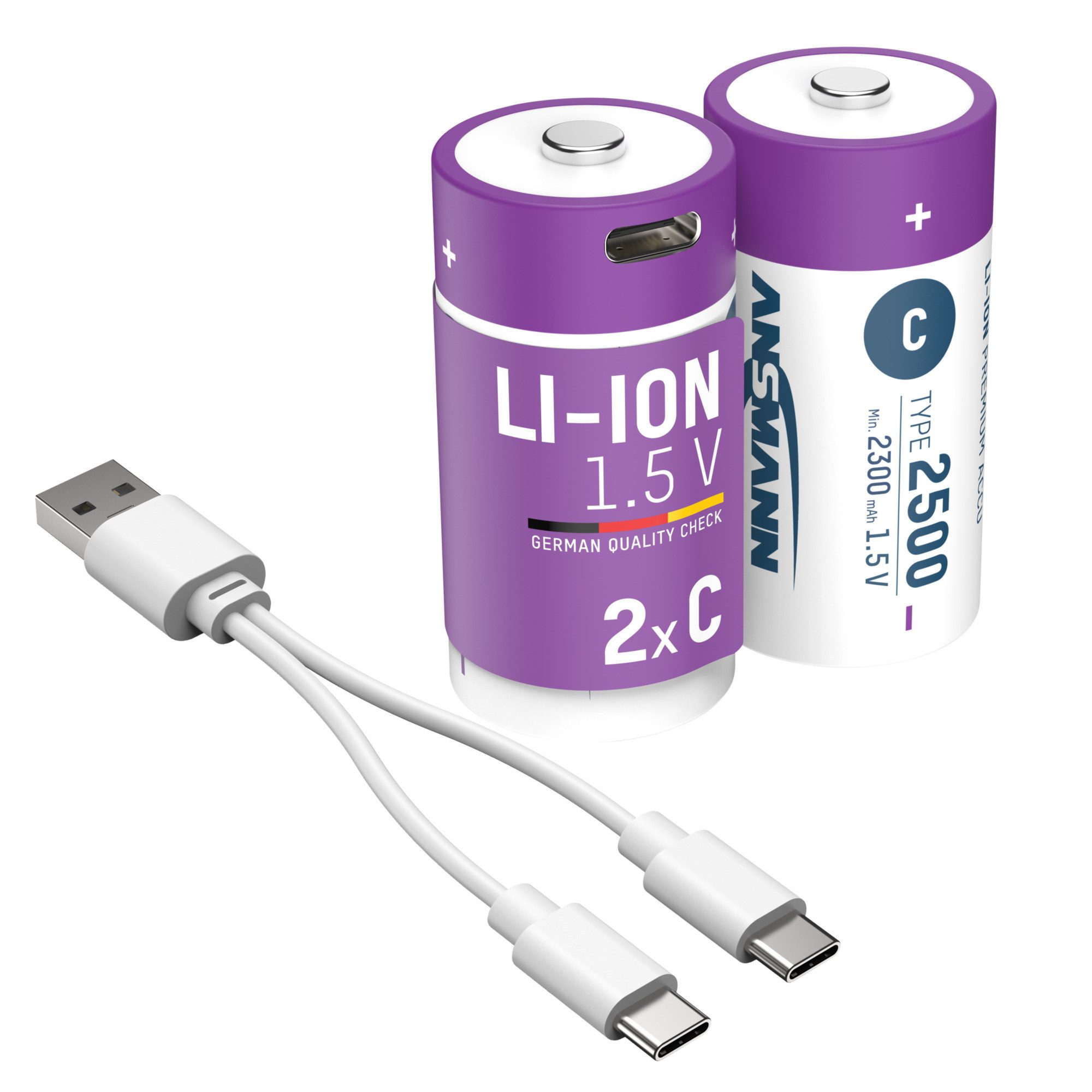 ANSMANN AG Akku Baby C Typ-C Anschluss Li-Ion 2300mAh 1,5V, 2 Stück Akku