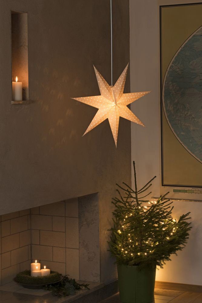 KONSTSMIDE Papierstern Weihnachtsstern, Weihnachtsdeko, perforiert und weiß bestickt, 7 Zacken