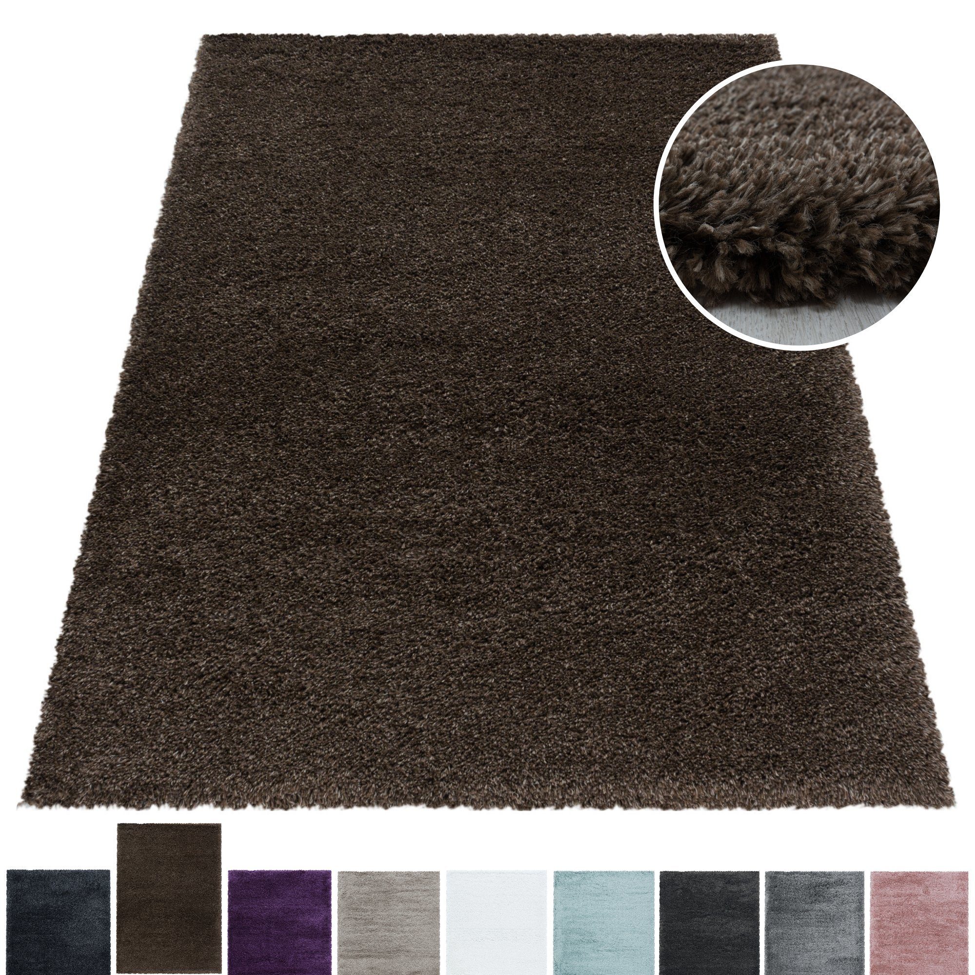 Hochflor-Teppich Teppich Hochflorteppich Shaggy Unifarben kuschelig Wohnzimmer, Miovani, Rechteckig, Höhe: 50 mm Braun | Shaggy-Teppiche