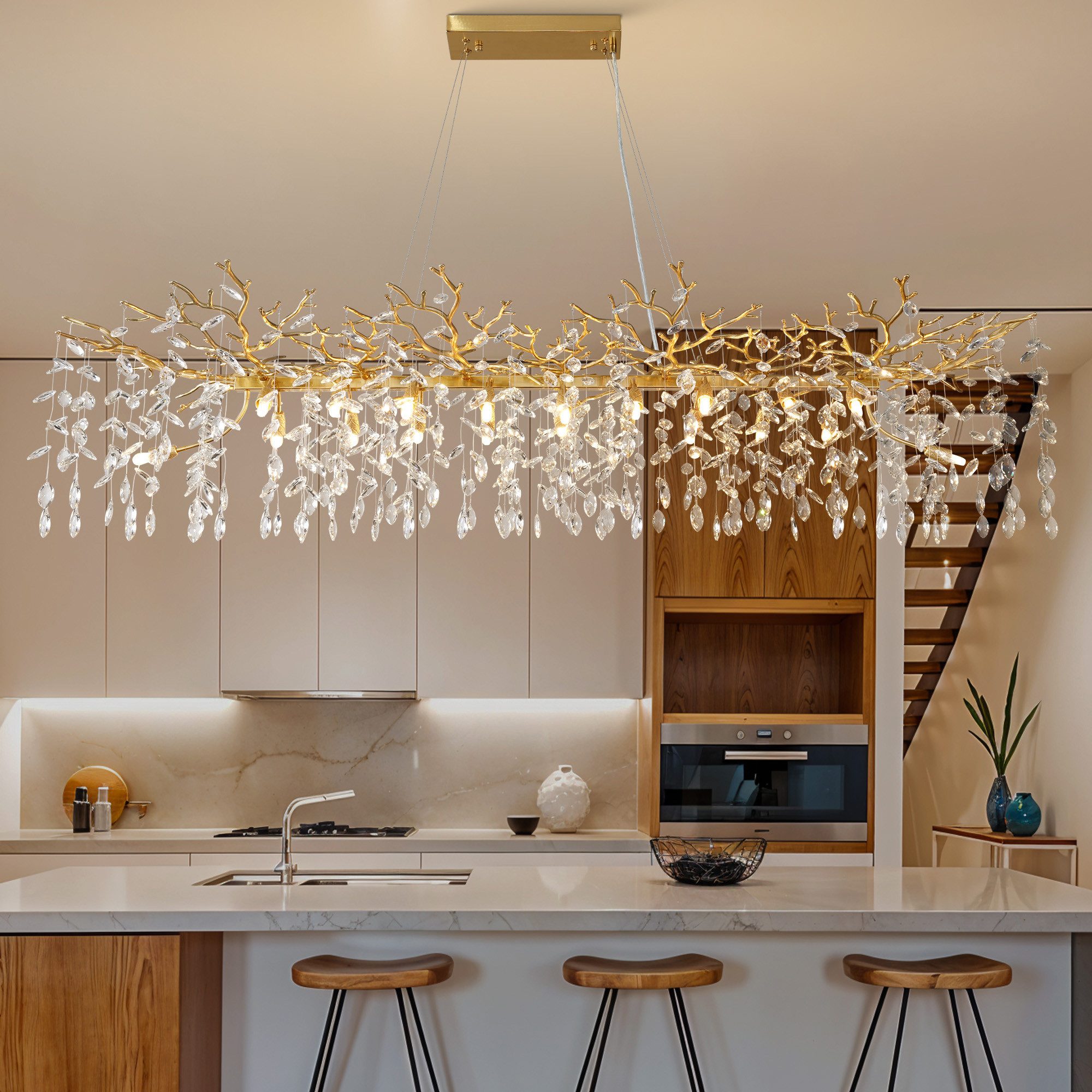 Surtime Kronleuchter rechteckig, 120 cm, Goldfarben, 14x G9, Kristall, 20 G9-Fassungen für gleichmäßiges Licht, LED wechselbar, 3000 K Warmweiß, K9-Kristalldesign